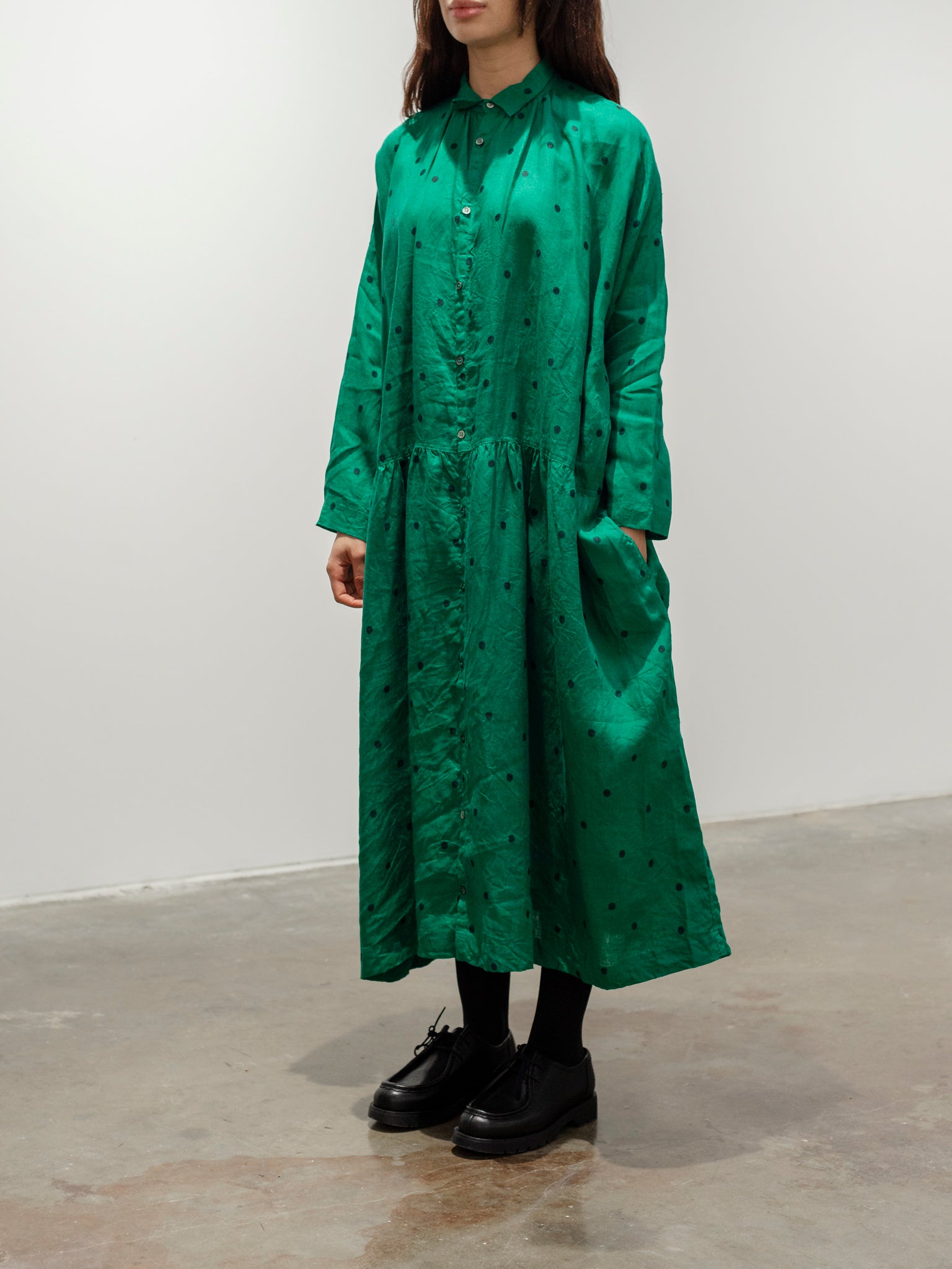 Namu Shop - Ichi Antiquites Linen Dot Shirt Dress - Green x Black