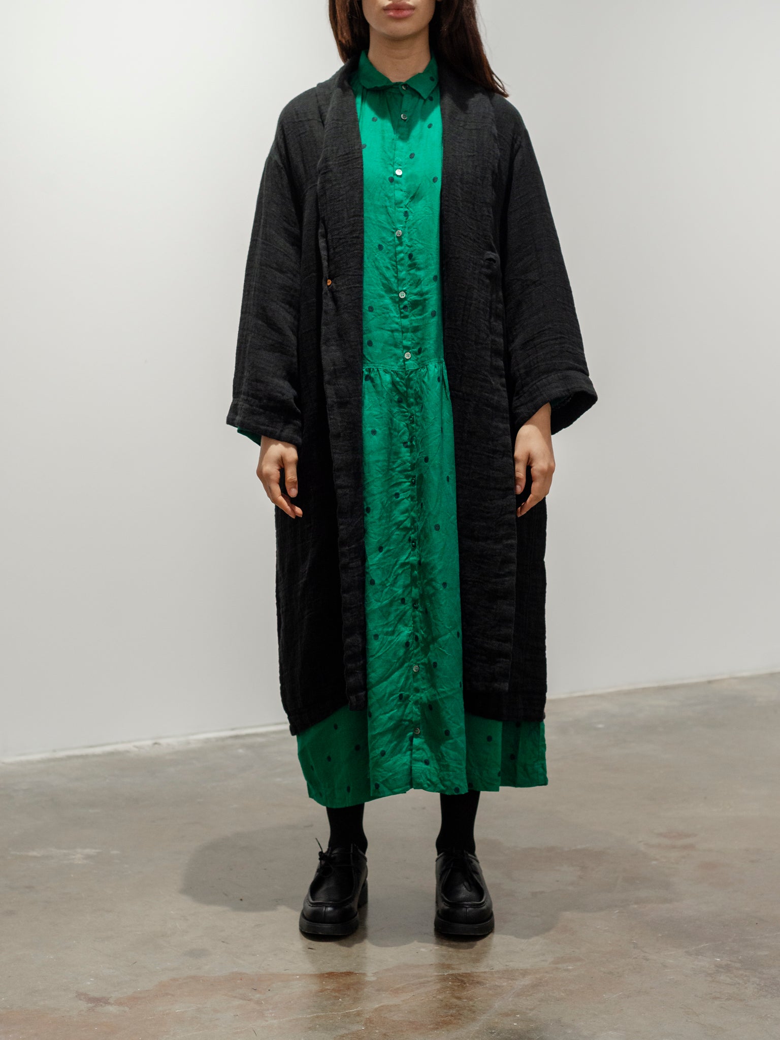 Namu Shop - Ichi Antiquites Linen Dot Shirt Dress - Green x Black