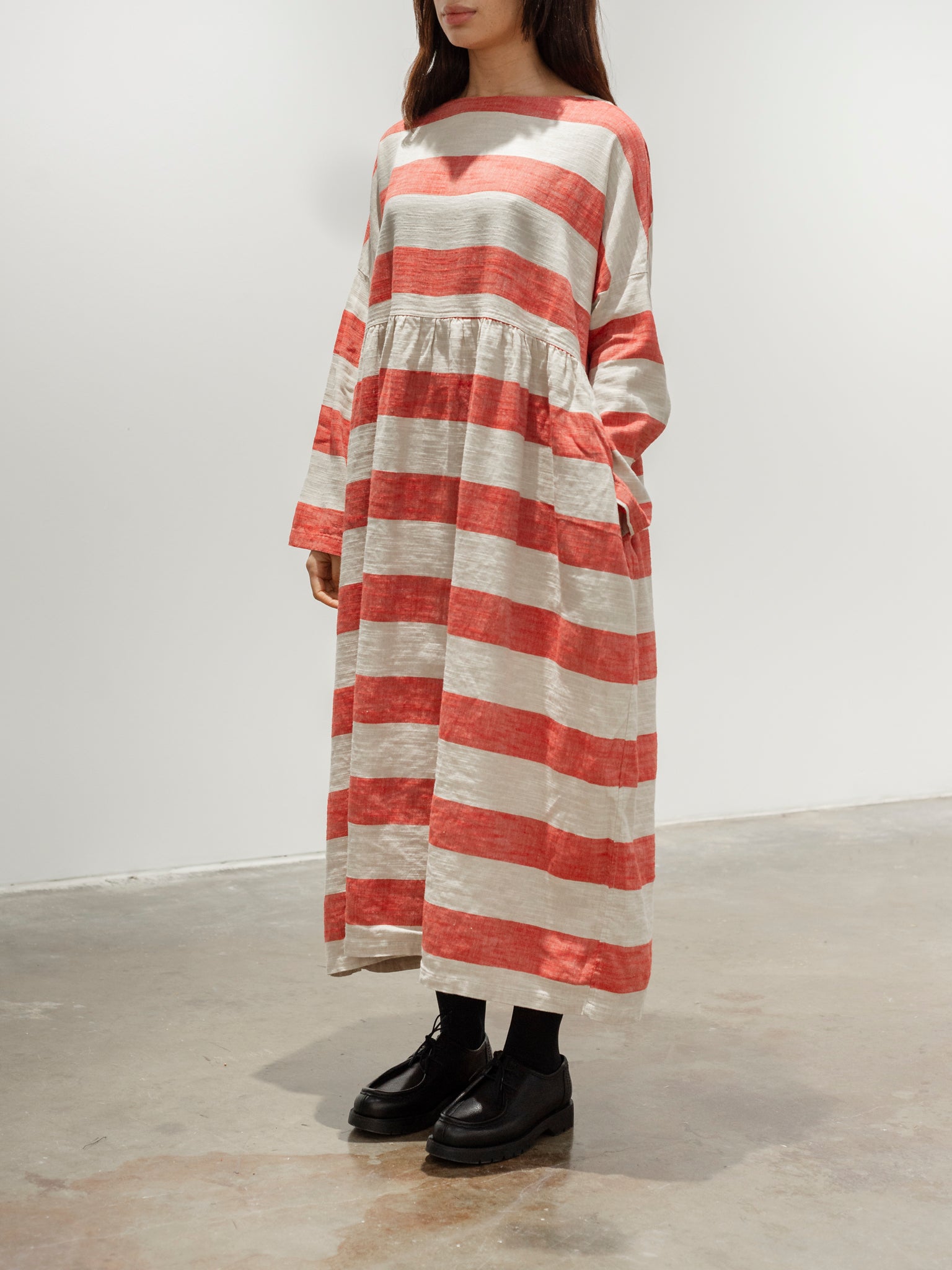 Namu Shop - Ichi Antiquites Linen Cotton Slub Stripes Dress - Red