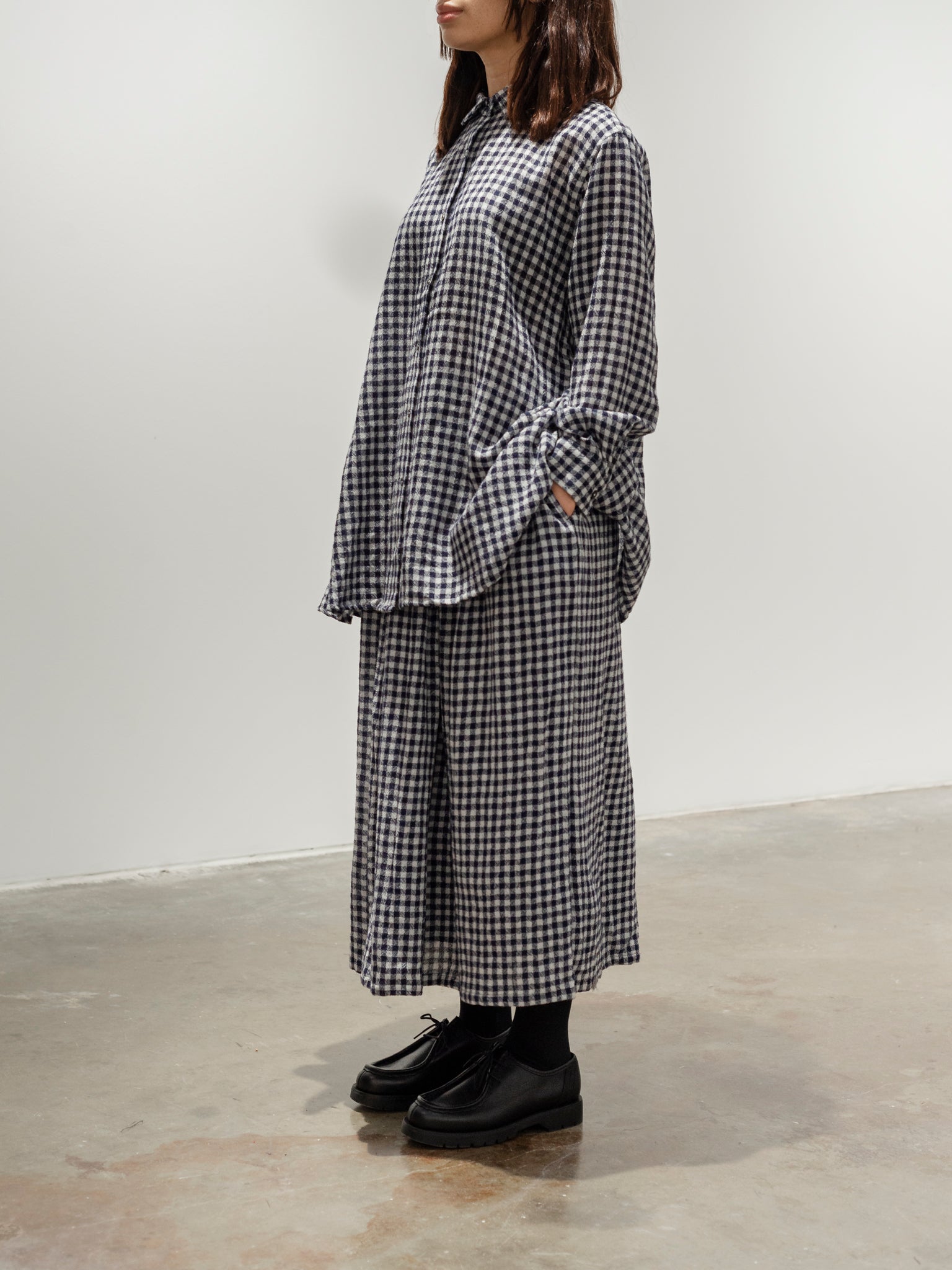 Namu Shop - ICHI Wool Gauze Gingham Skirt - White x Navy