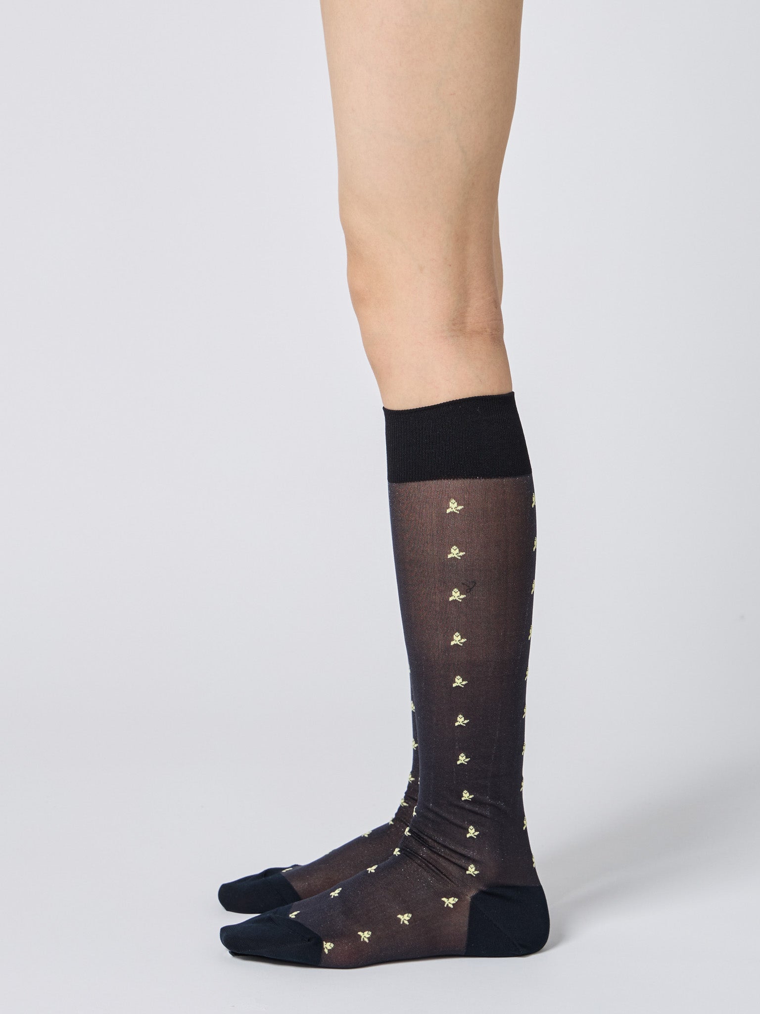 Namu Shop - Babaco Tiny Flower Sheer Knee High Socks - Black, Light Blue