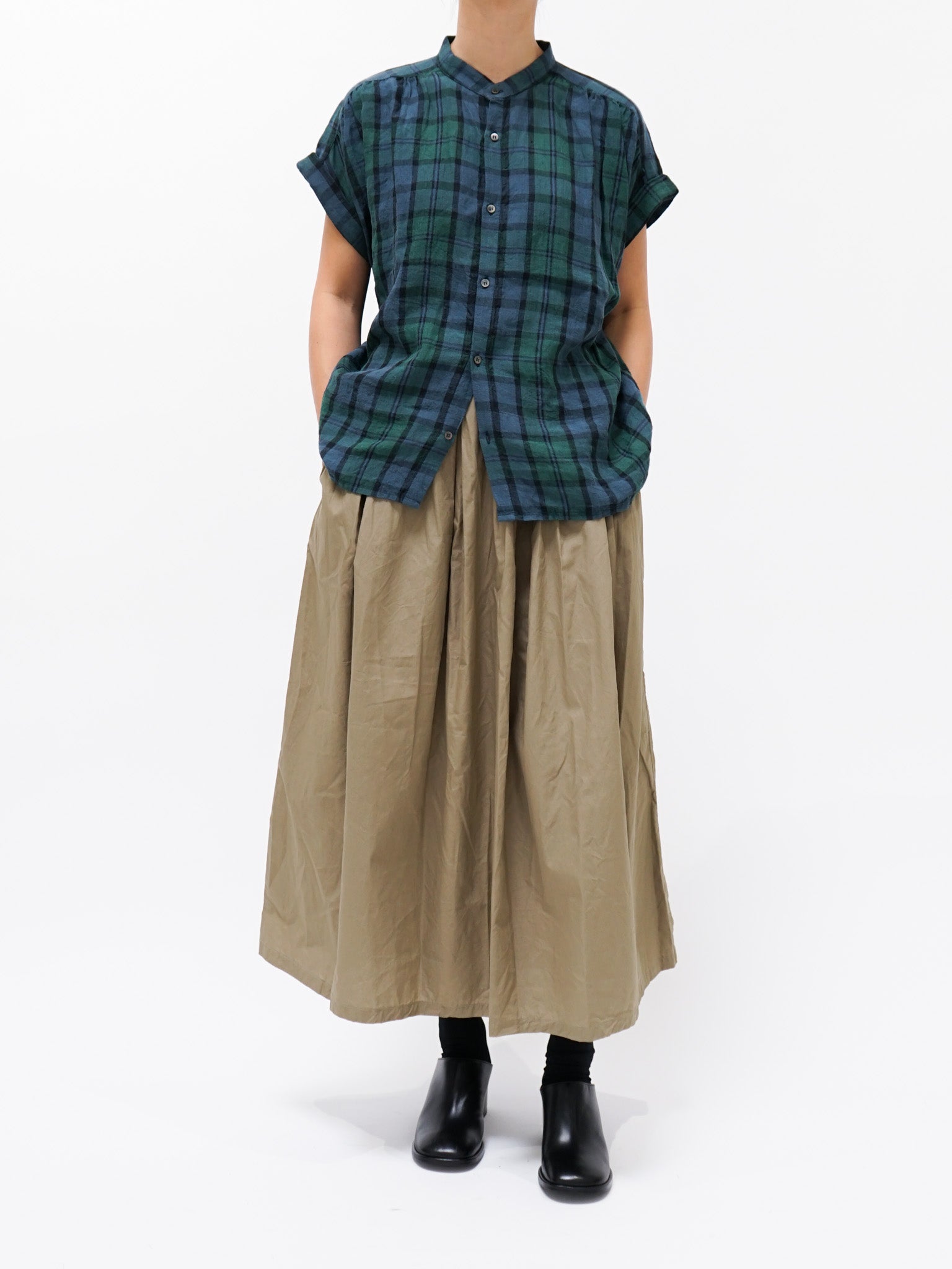 Namu Shop - Ichi Antiquites Linen Check Azumadaki Band Collar Shirt - Black Watch