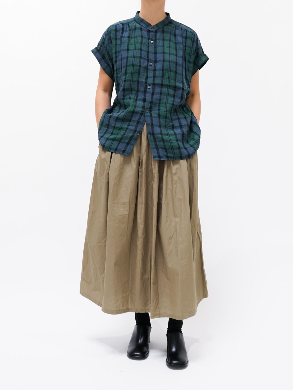 Namu Shop - Ichi Antiquites Linen Check Azumadaki Band Collar Shirt - Black Watch