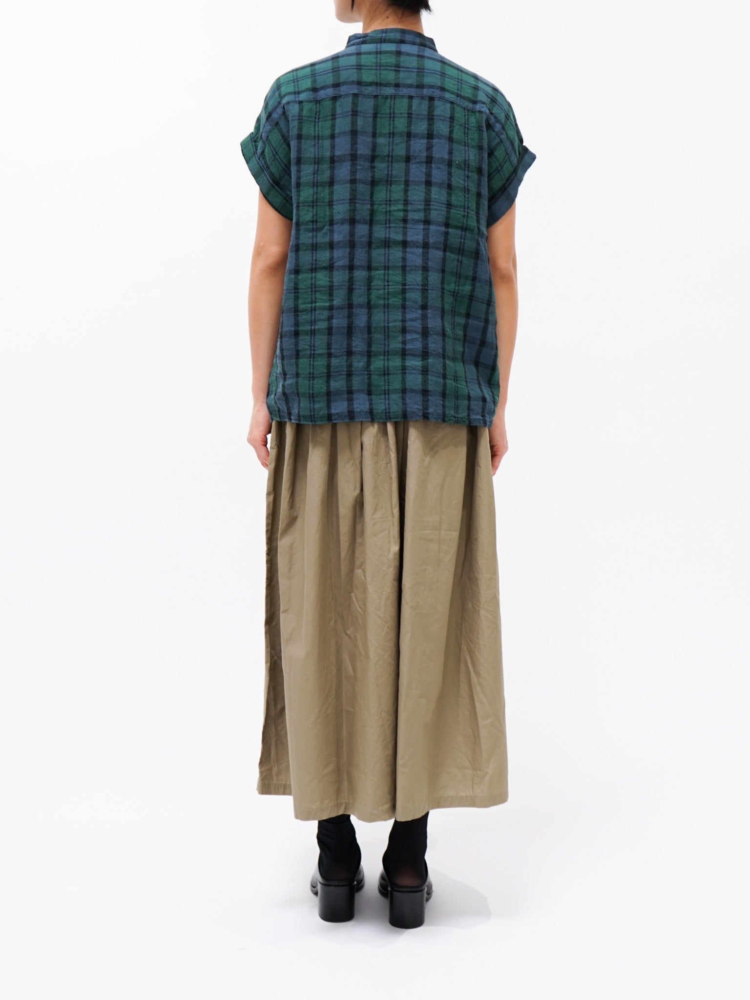 Namu Shop - Ichi Antiquites Linen Check Azumadaki Band Collar Shirt - Black Watch