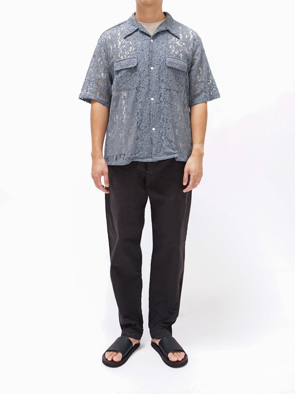 Namu Shop - Niche Open Collar S/S Shirt - Gray Lace Flower