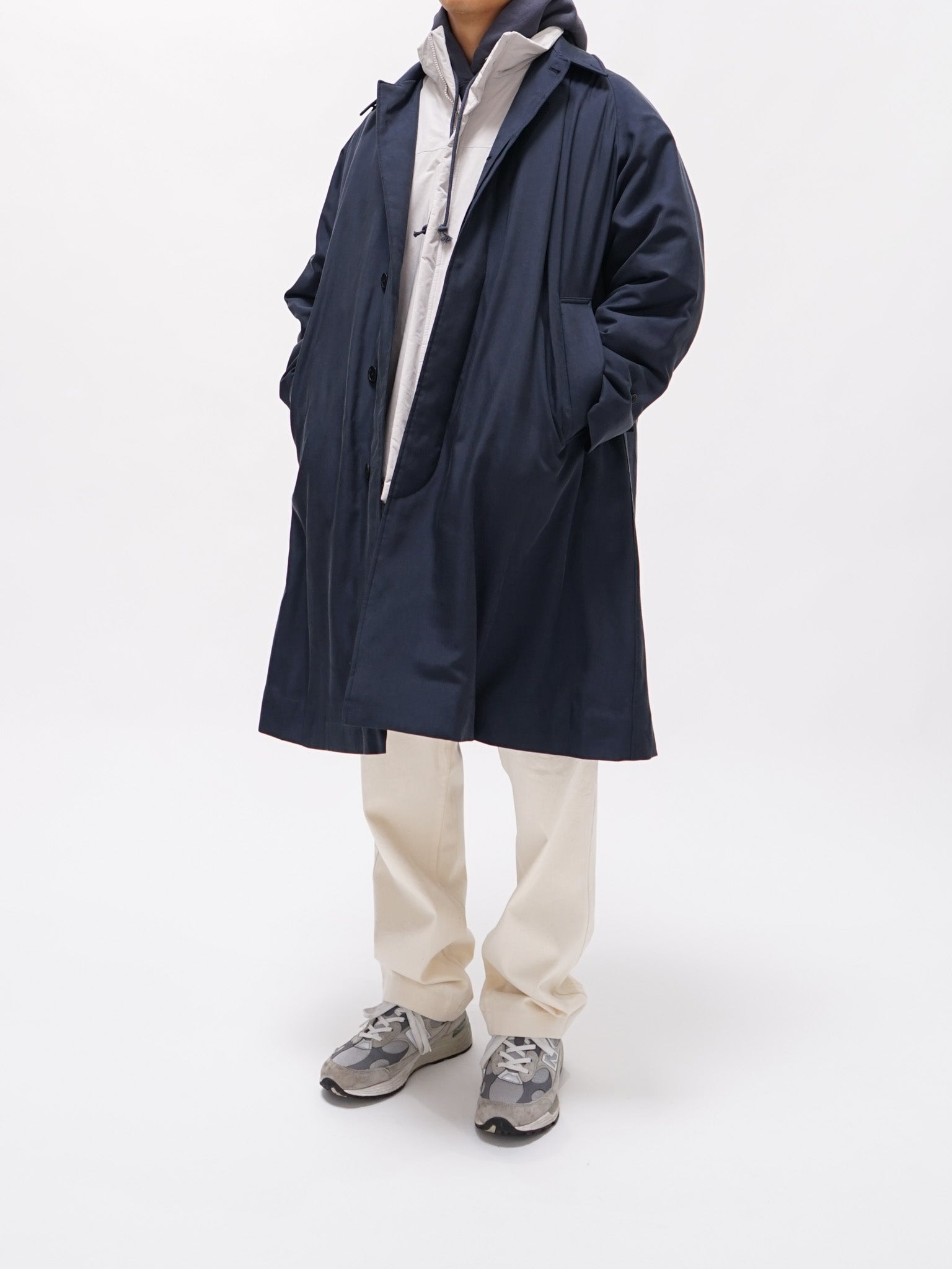 Namu Shop - Kaptain Sunshine Washed Silk Gabardine Padding Walker Coat - Navy