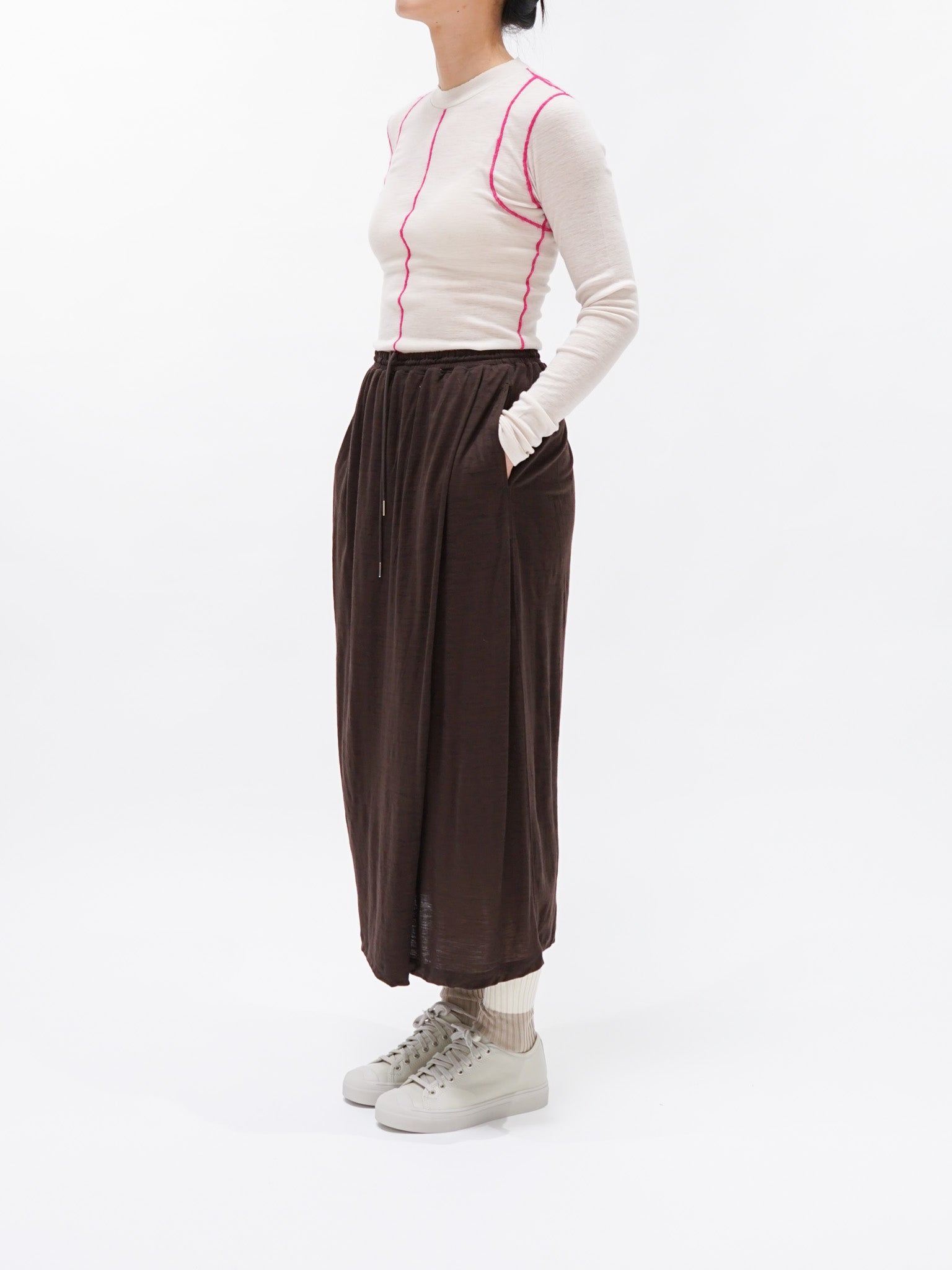 Namu Shop - Unfil Superfine Merino Ribbed Jersey Tee With Mohair Stitch - Beige x Pink