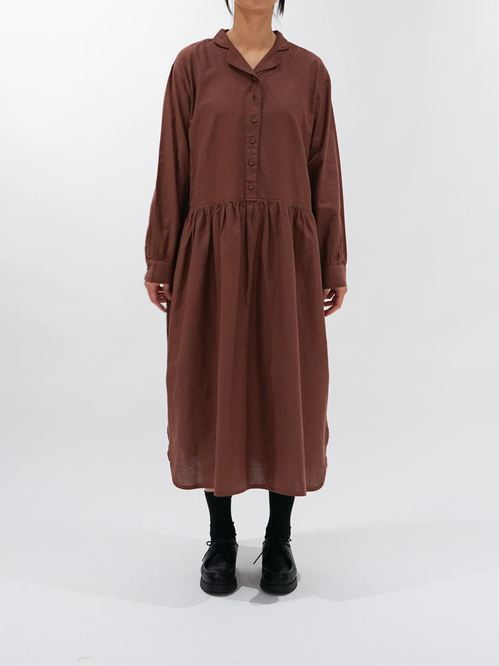 Namu Shop - ICHI Open Collar Gather Dress - Brown
