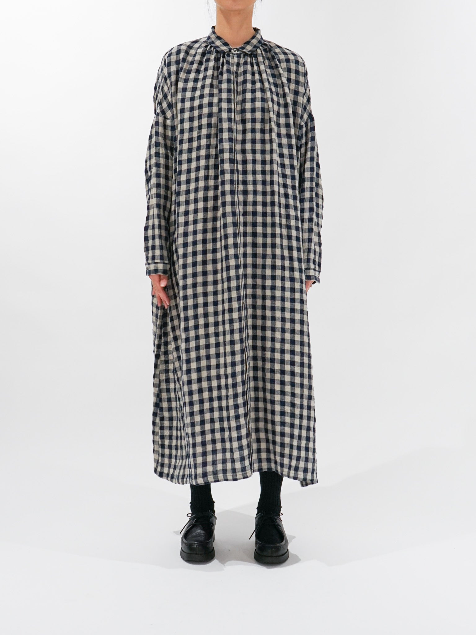 Namu Shop - Ichi Antiquites AZUMADAKI Linen Gingham Dress - Beige x Navy