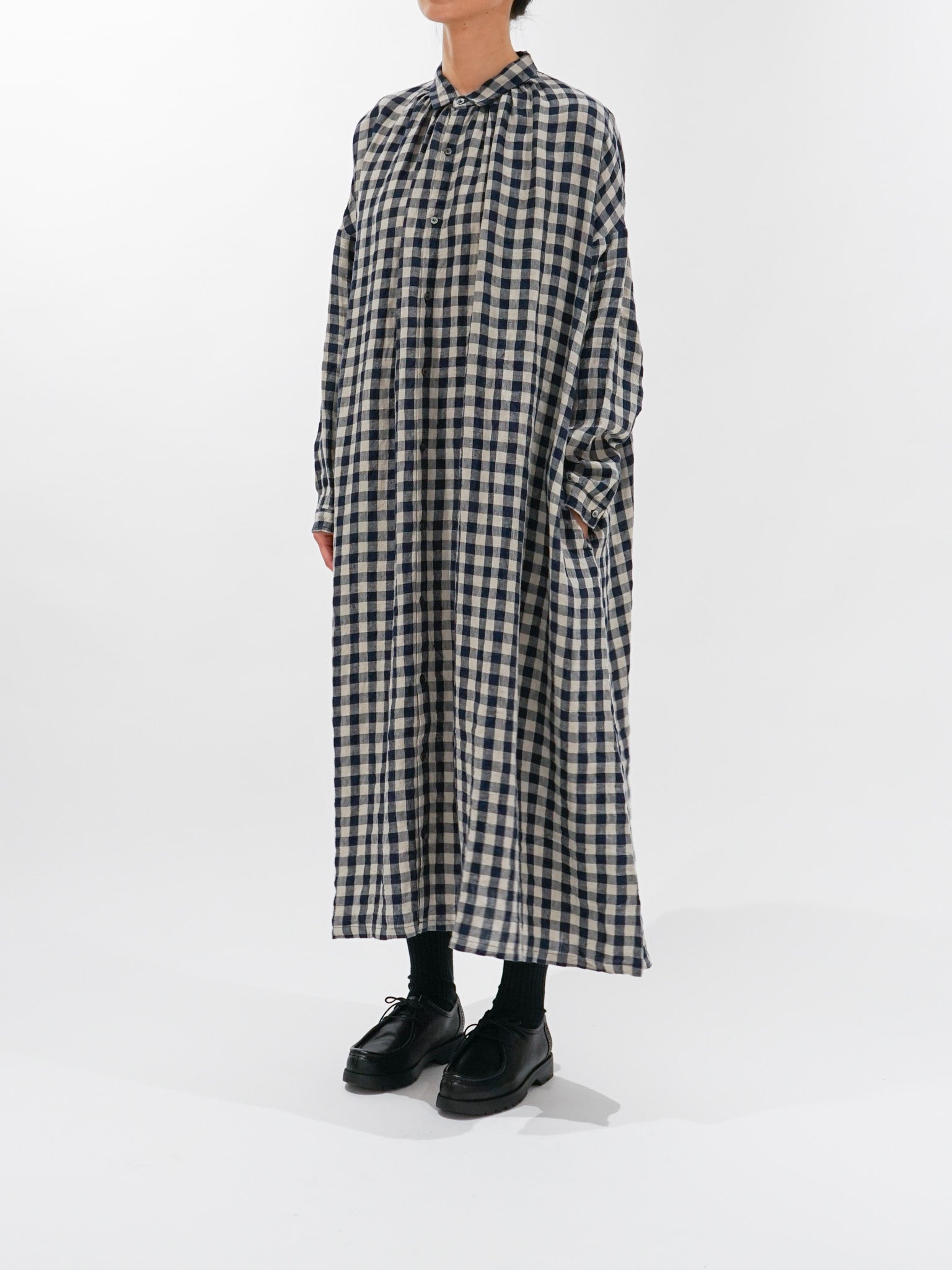 Namu Shop - Ichi Antiquites AZUMADAKI Linen Gingham Dress - Beige x Navy