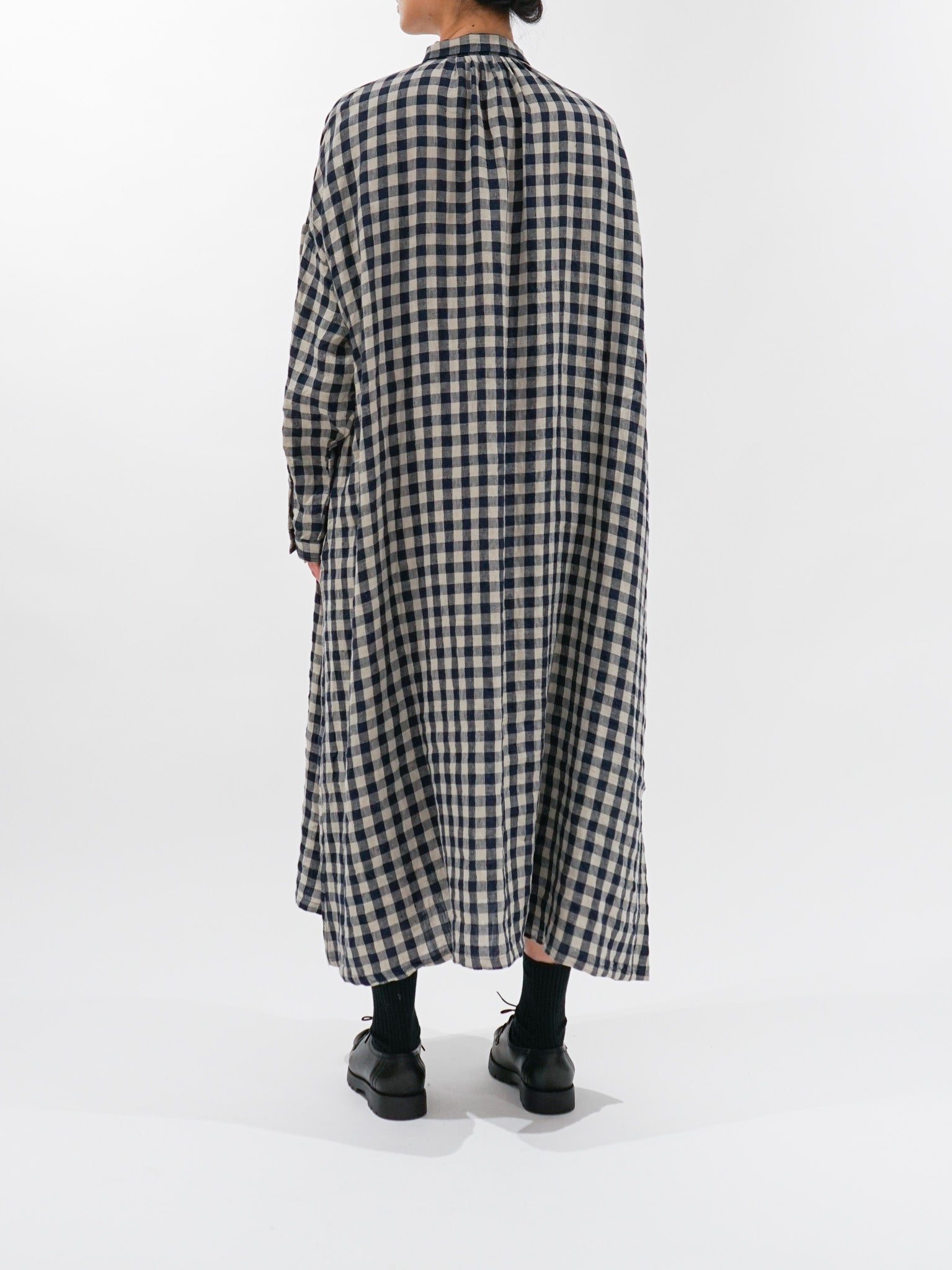 Namu Shop - Ichi Antiquites AZUMADAKI Linen Gingham Dress - Beige x Navy