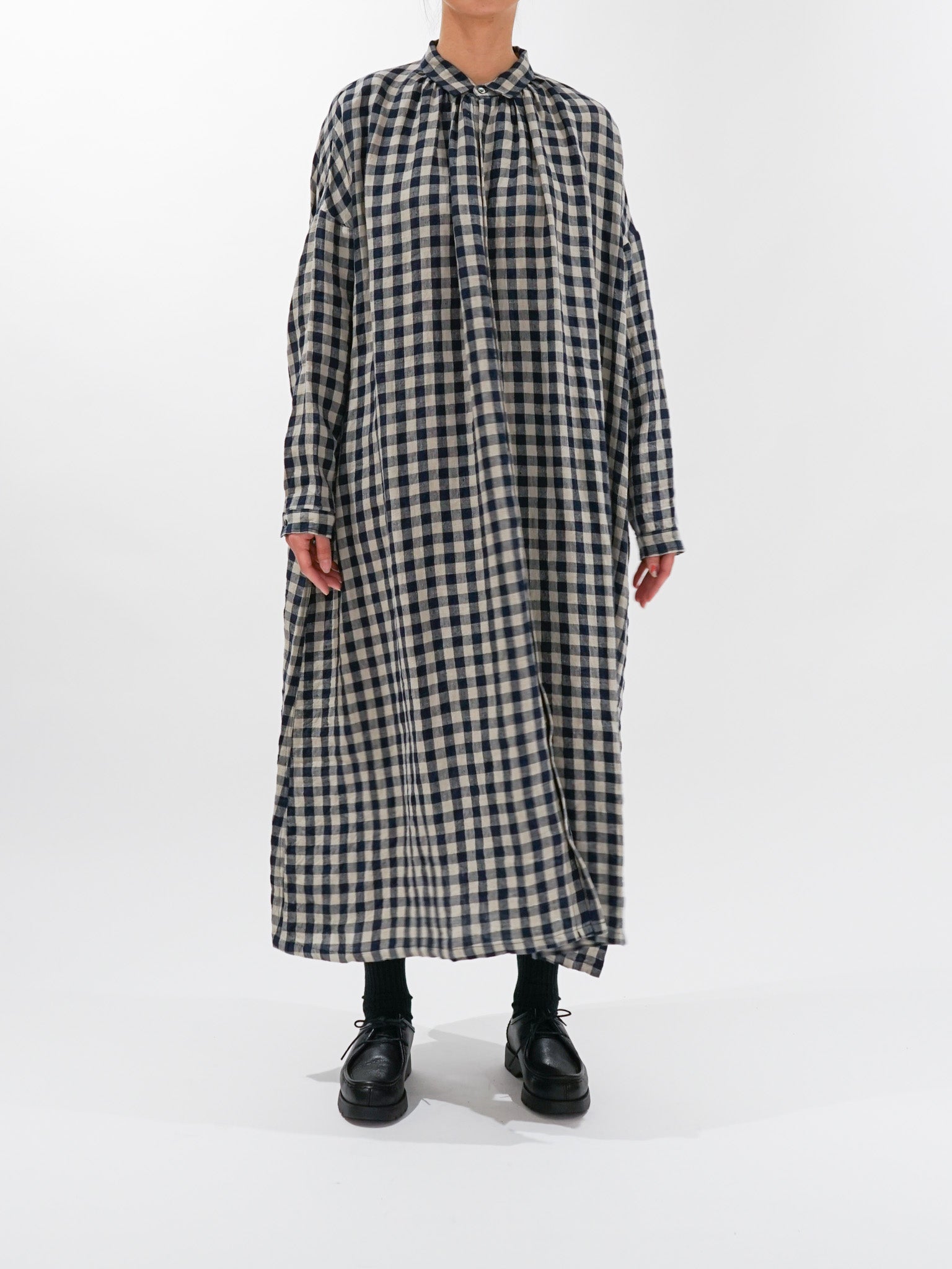 Namu Shop - Ichi Antiquites AZUMADAKI Linen Gingham Dress - Beige x Navy