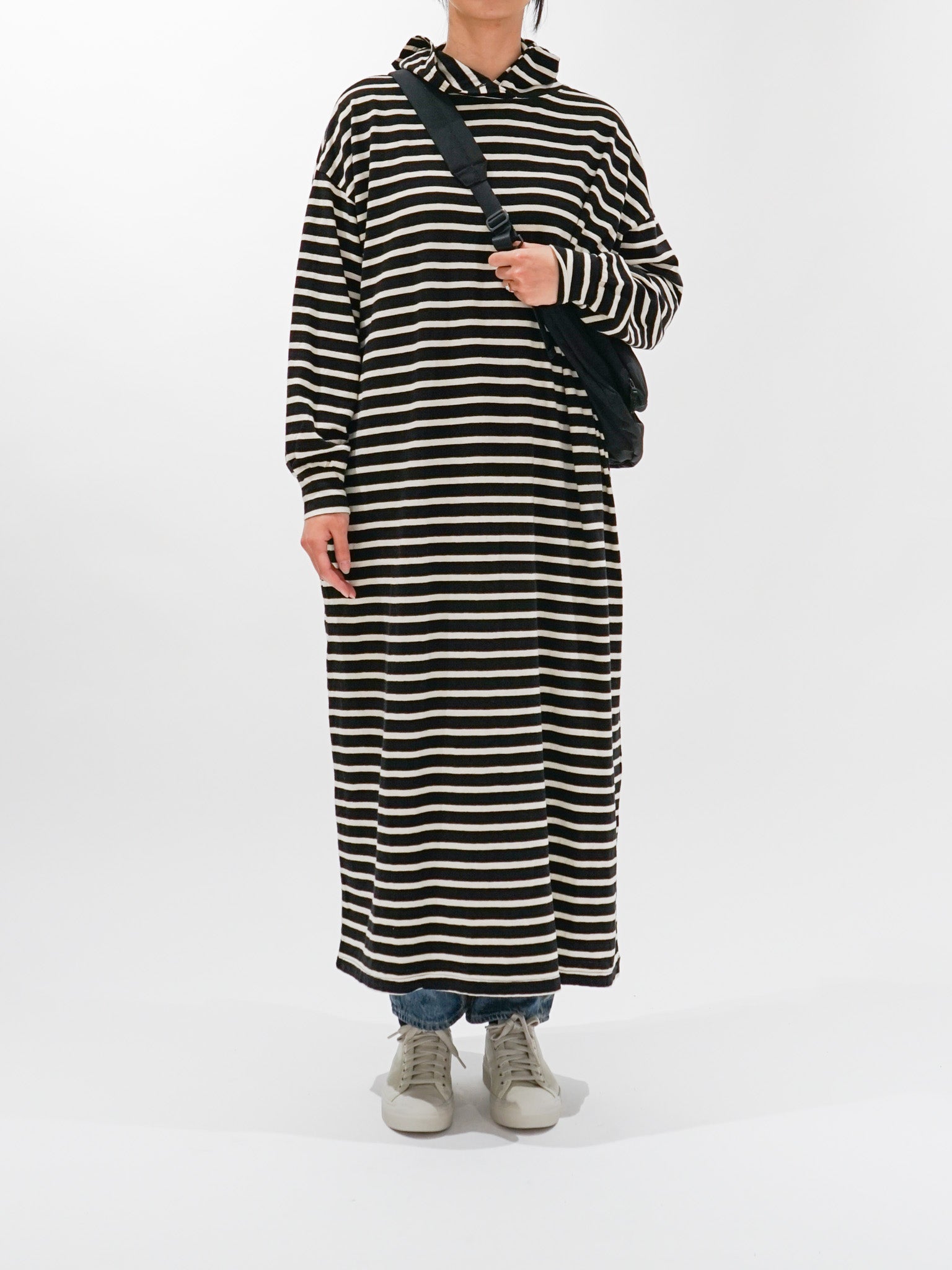Namu Shop - Ichi Antiquites Striped Hoodie Dress - Black x Natural