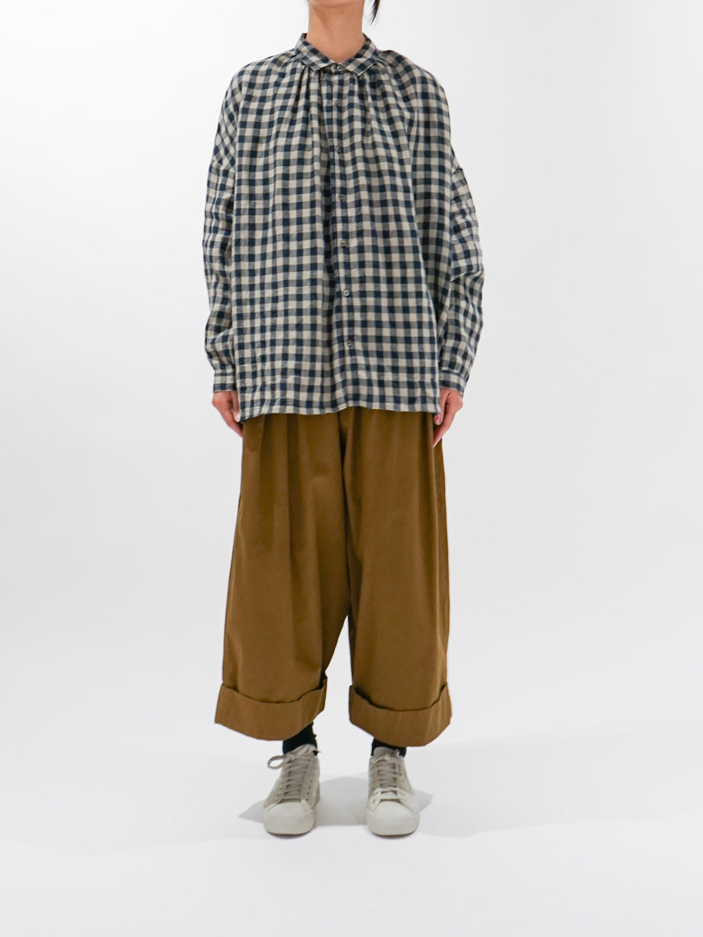 Namu Shop - Ichi Antiquites AZUMADAKI Linen Gingham Shirt - Beige x Navy