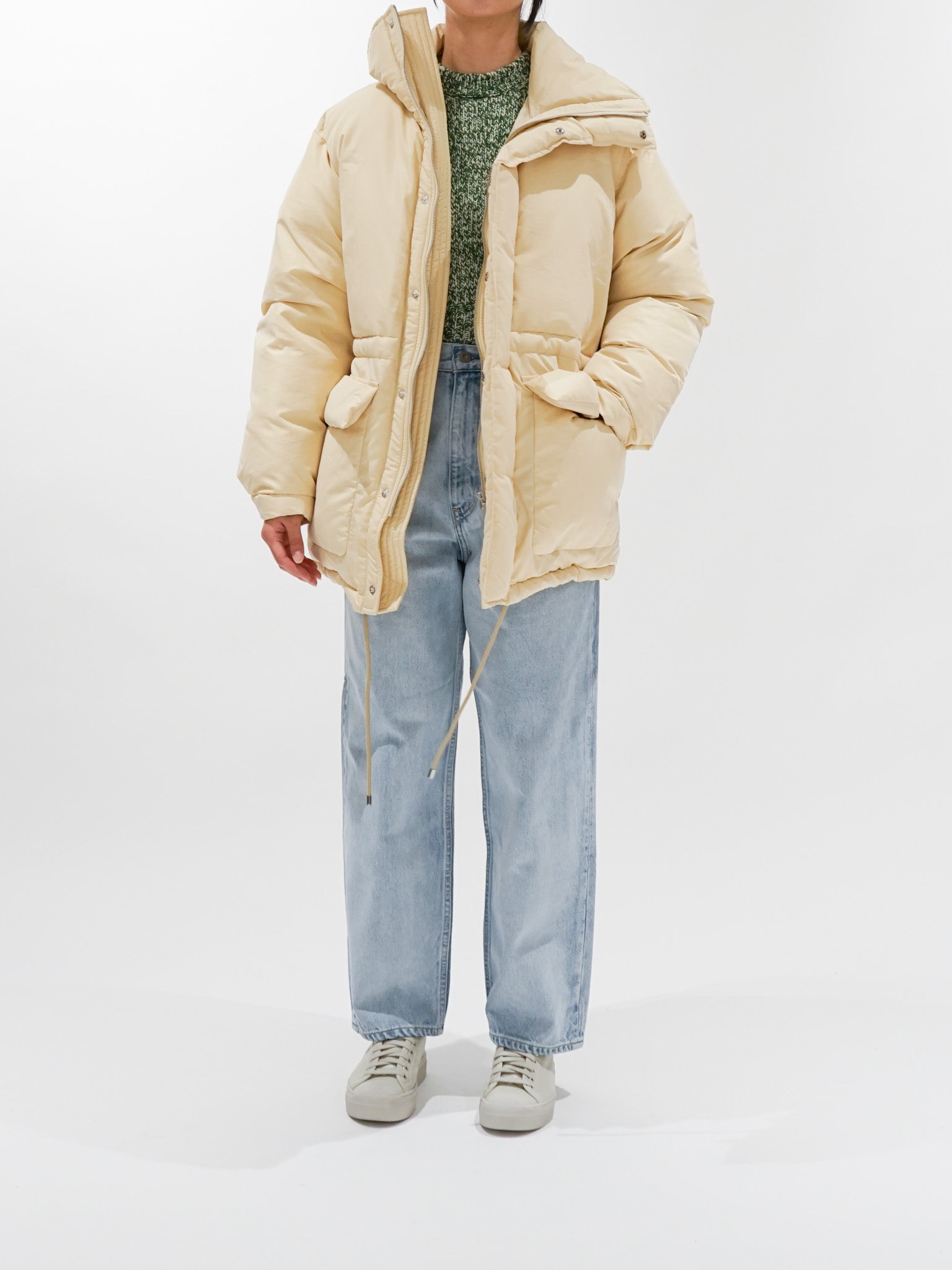 Namu Shop - Auralee Fine Polyester Chambray Down Coat - Light Ivory Chambray