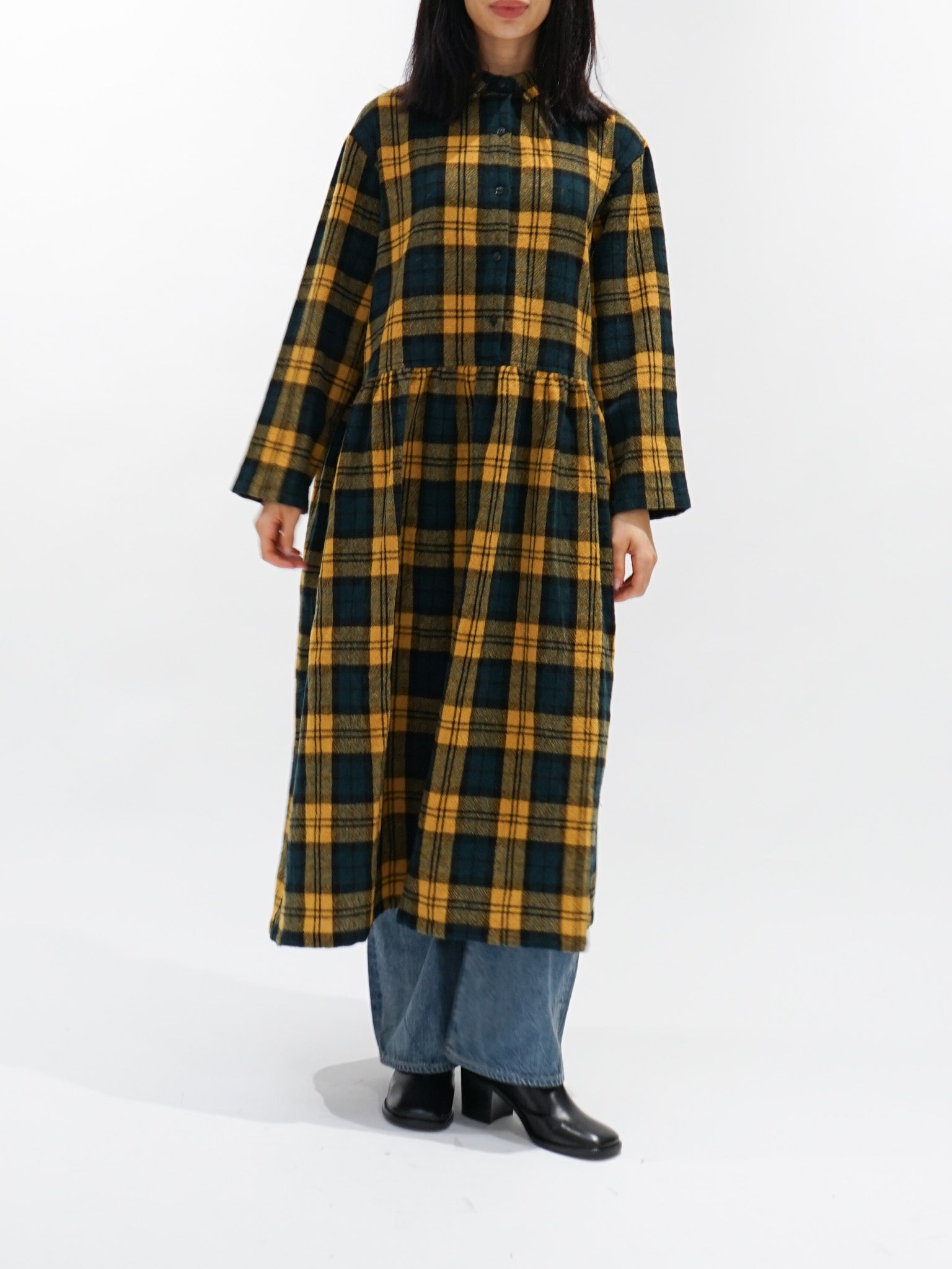 Namu Shop - ICHI Brushed Wool Gather Check Dress - Yellow