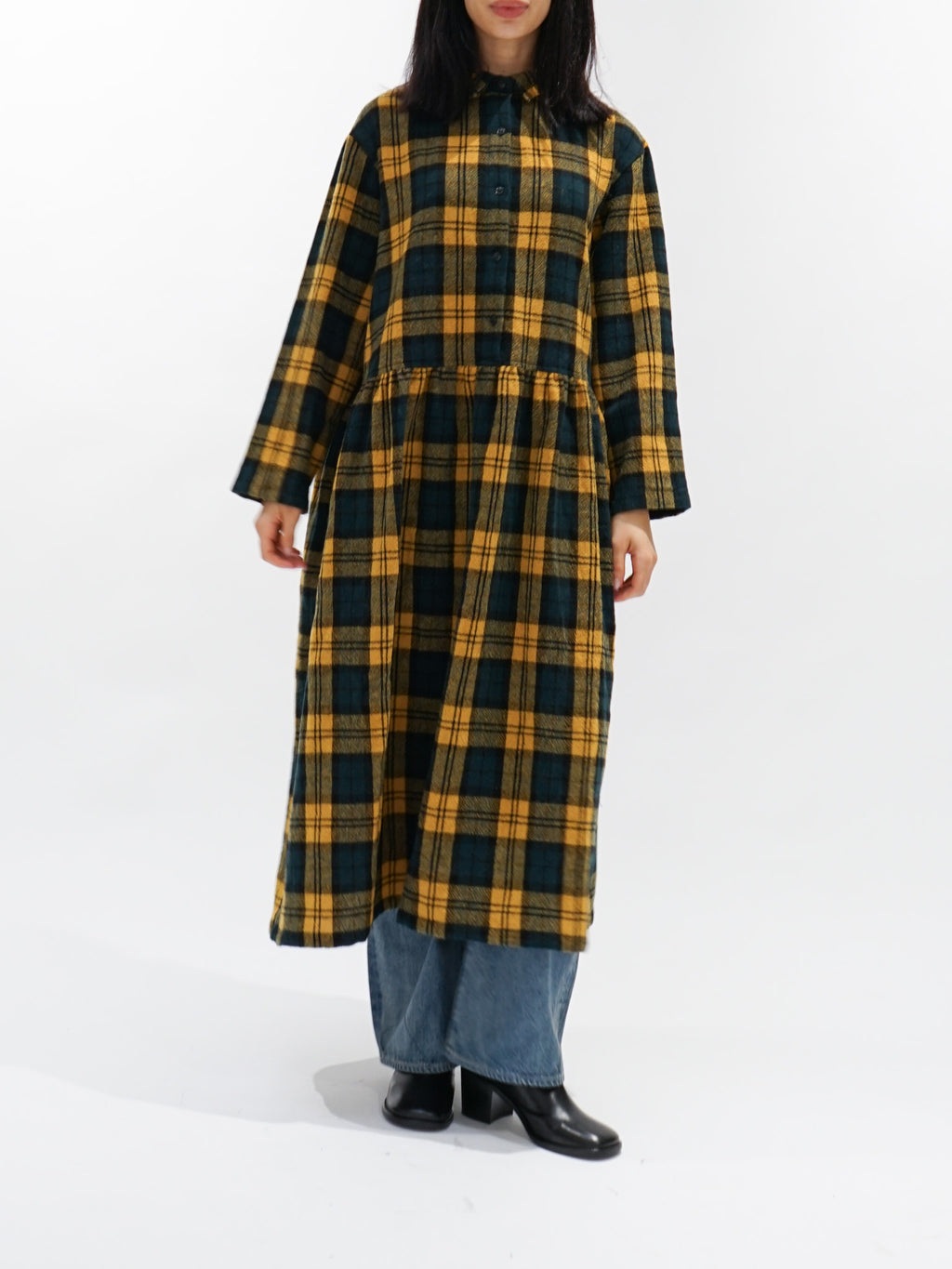 Namu Shop - ICHI Brushed Wool Gather Check Dress - Yellow