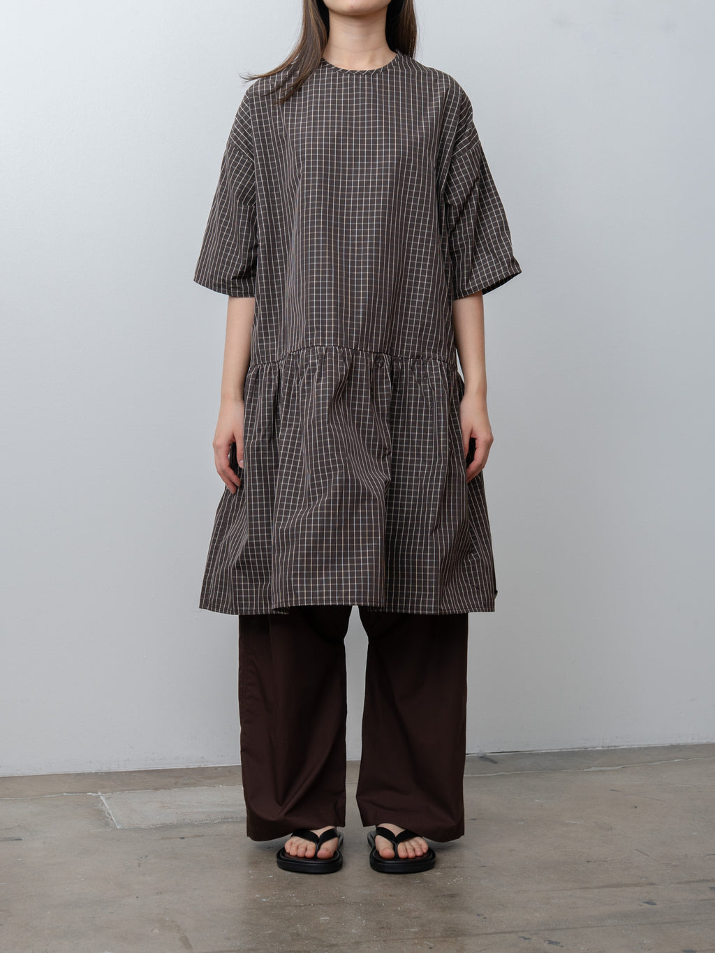 Namu Shop - Eleph Short Mumu Dress - Brown Check