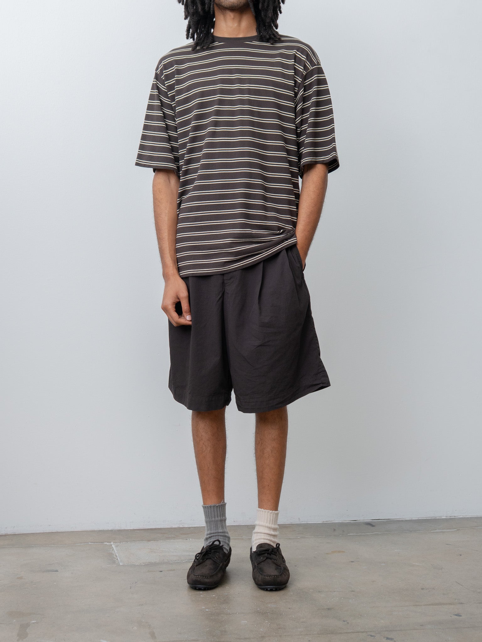 Namu Shop - Kaptain Sunshine Hard Twisted Stripe Jersey Half-Sleeve Tee - Brown Wide Stripe