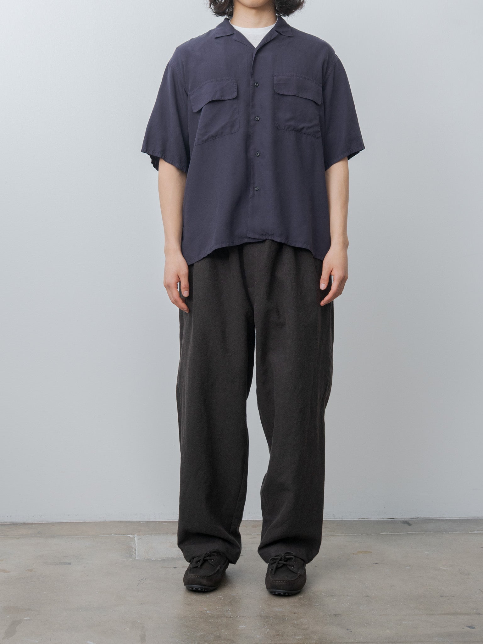 Namu Shop - Y Tencel Poplin Open Collar SH - Navy