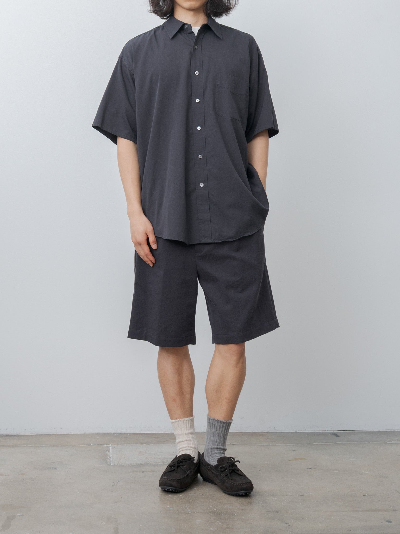 Namu Shop - Y Organic Cotton Washer Satin Short Sleeve SH - Navy