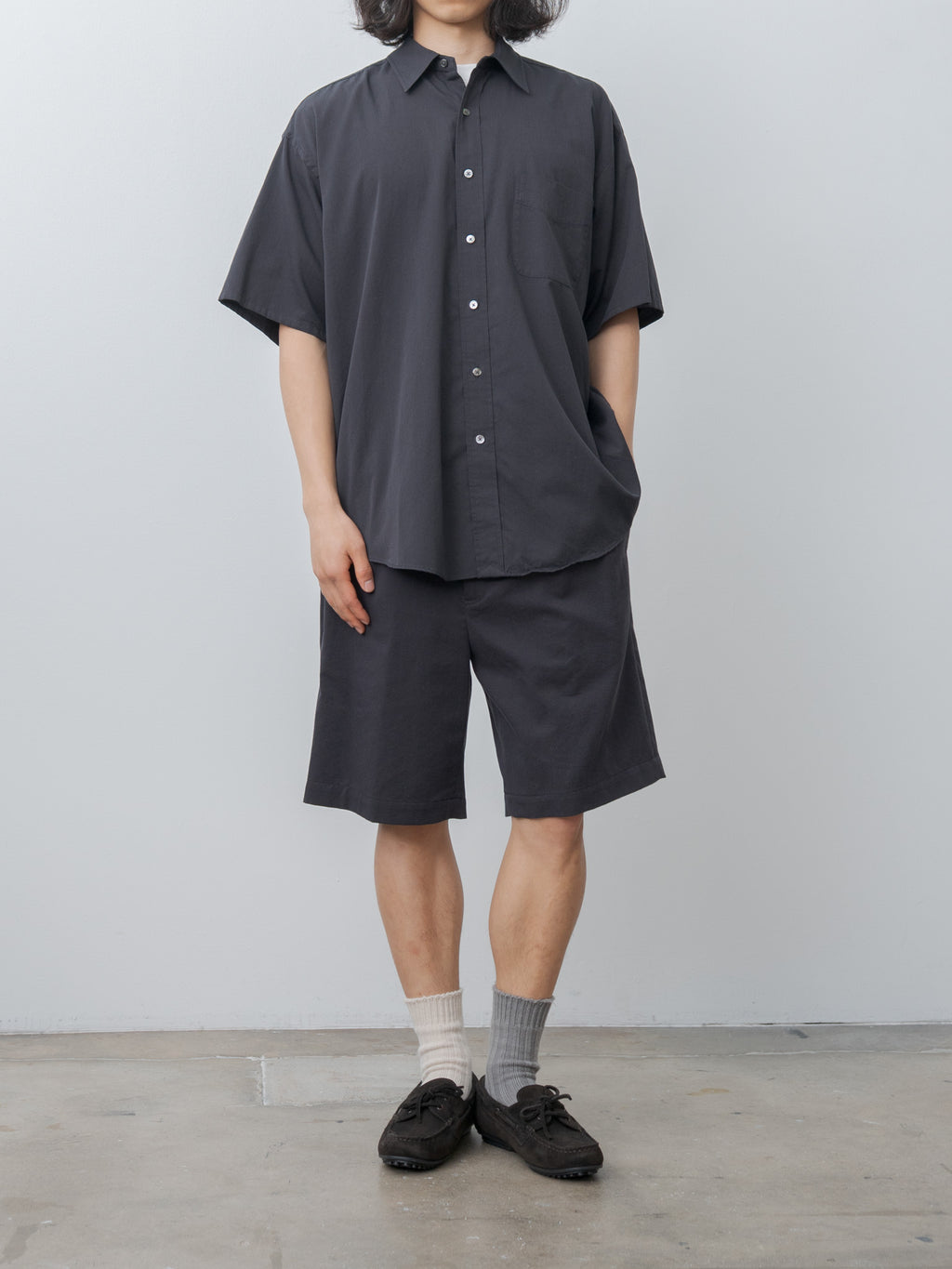 Namu Shop - Y Organic Cotton Washer Satin Short Sleeve SH - Navy