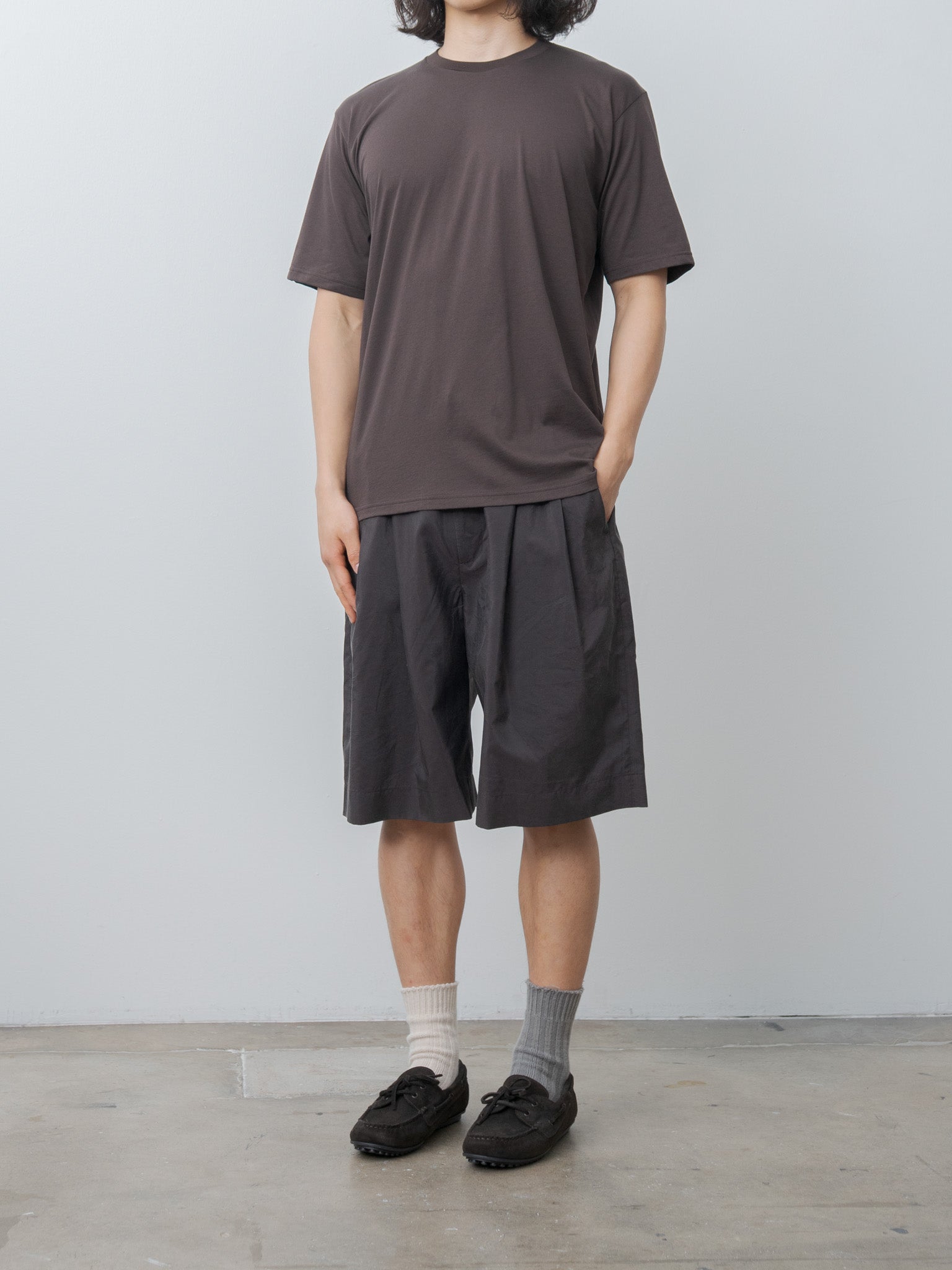 Namu Shop - ssstein Silk Nylon Wide Easy Short Trousers - Charcoal Brown