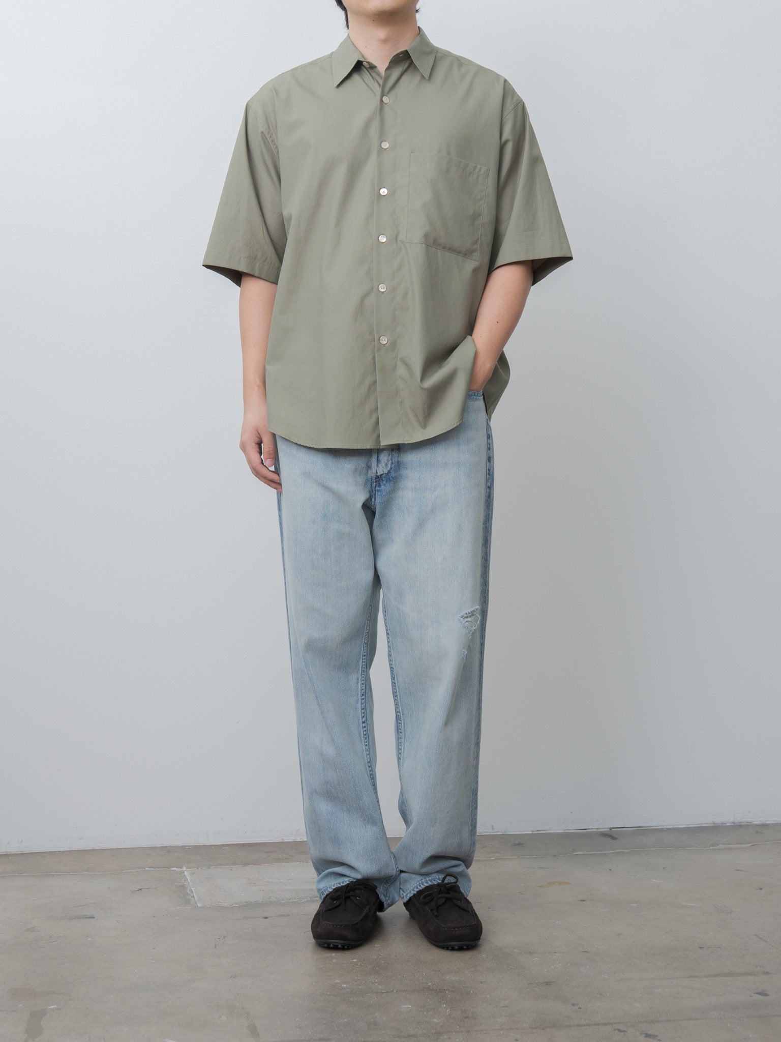 Namu Shop - Auralee Washed Finx Twill Big Half Sleeved Shirt - Olive