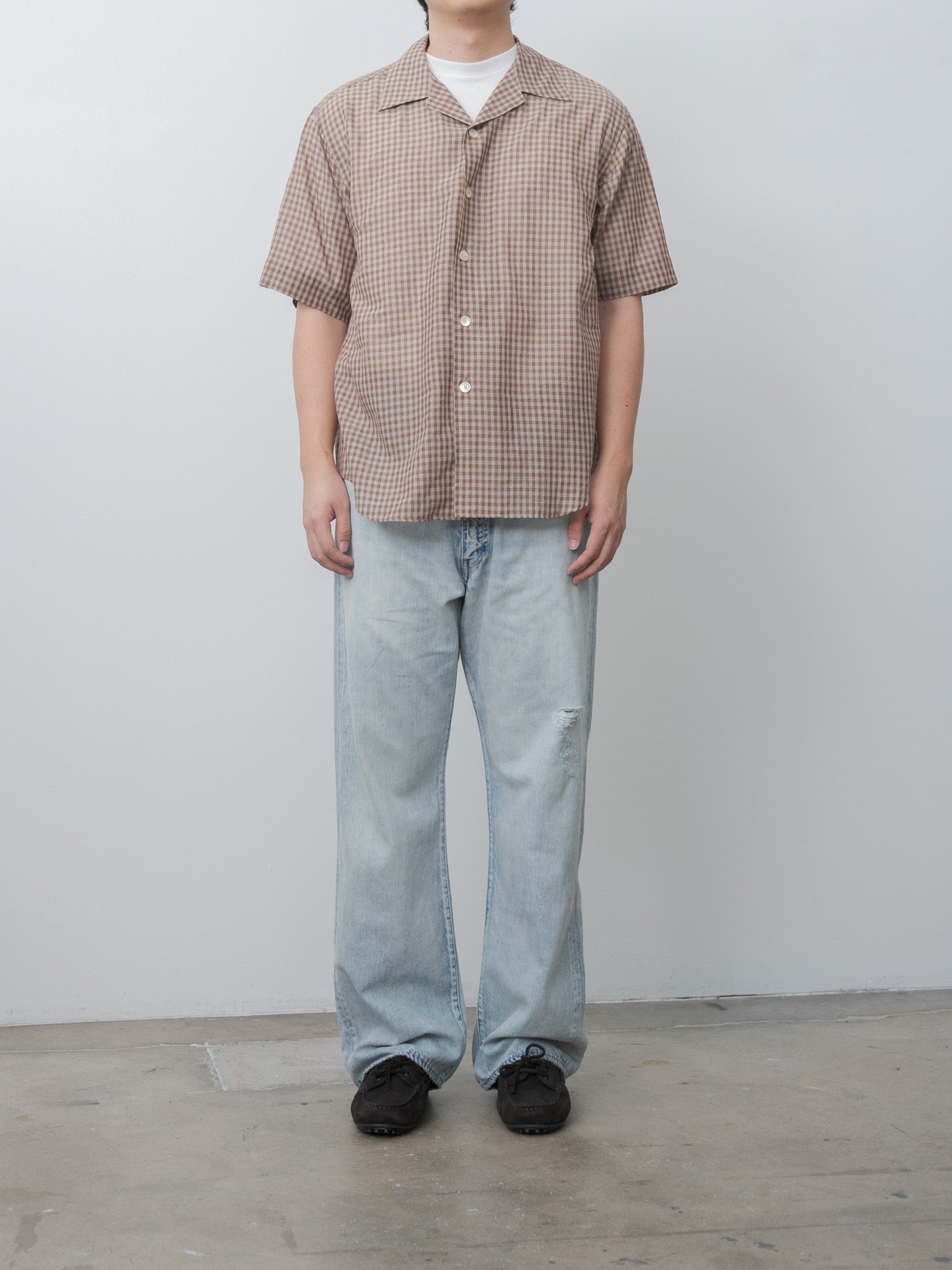 Namu Shop - Auralee Airy Light Cotton Check Half Sleeved Shirt - Brown Gingham Check
