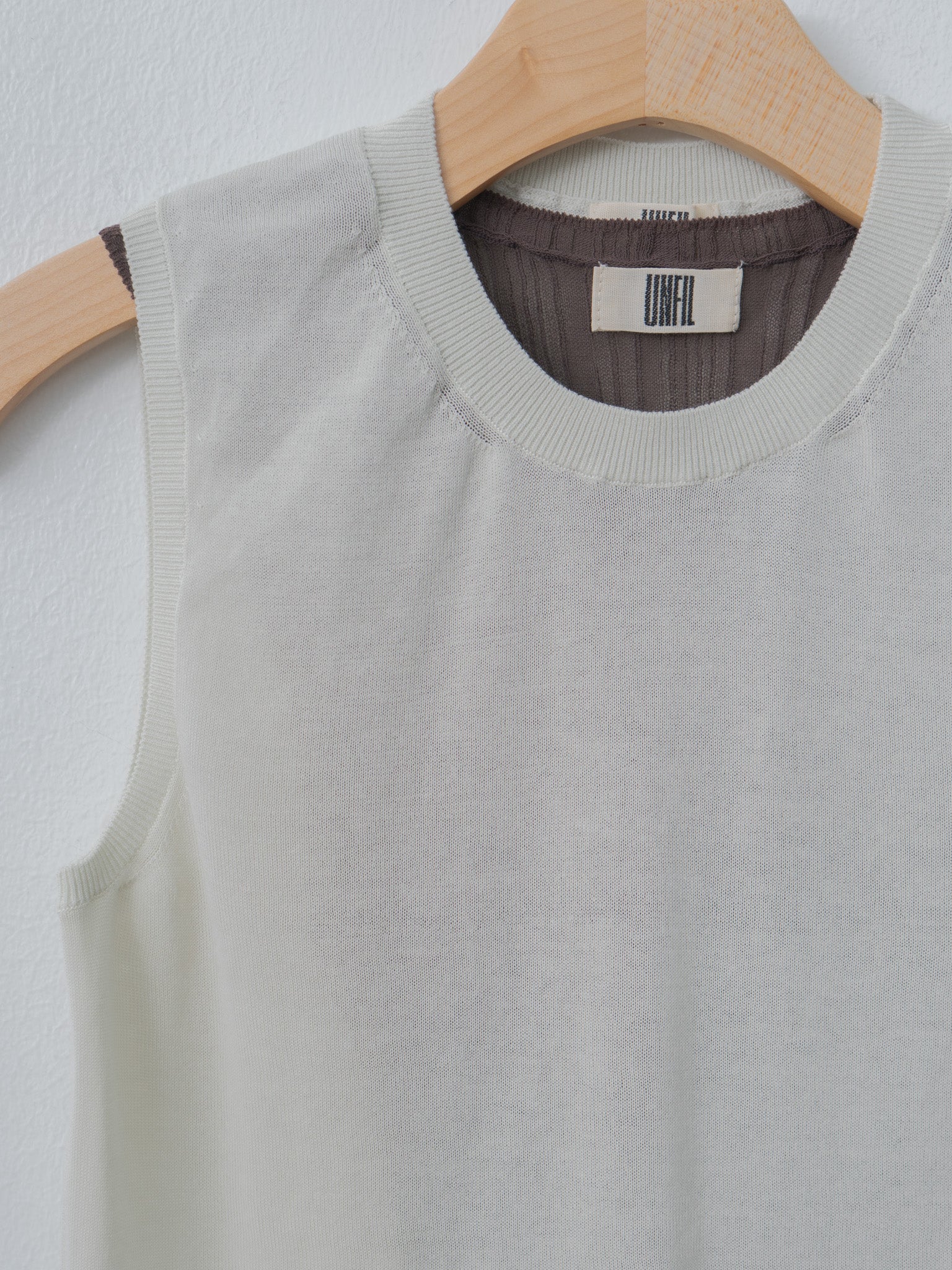 Namu Shop - Unfil High-Twisted Cotton Sheer Knit Layered Sleeveless Top - Charcoal Brown × Mist Green
