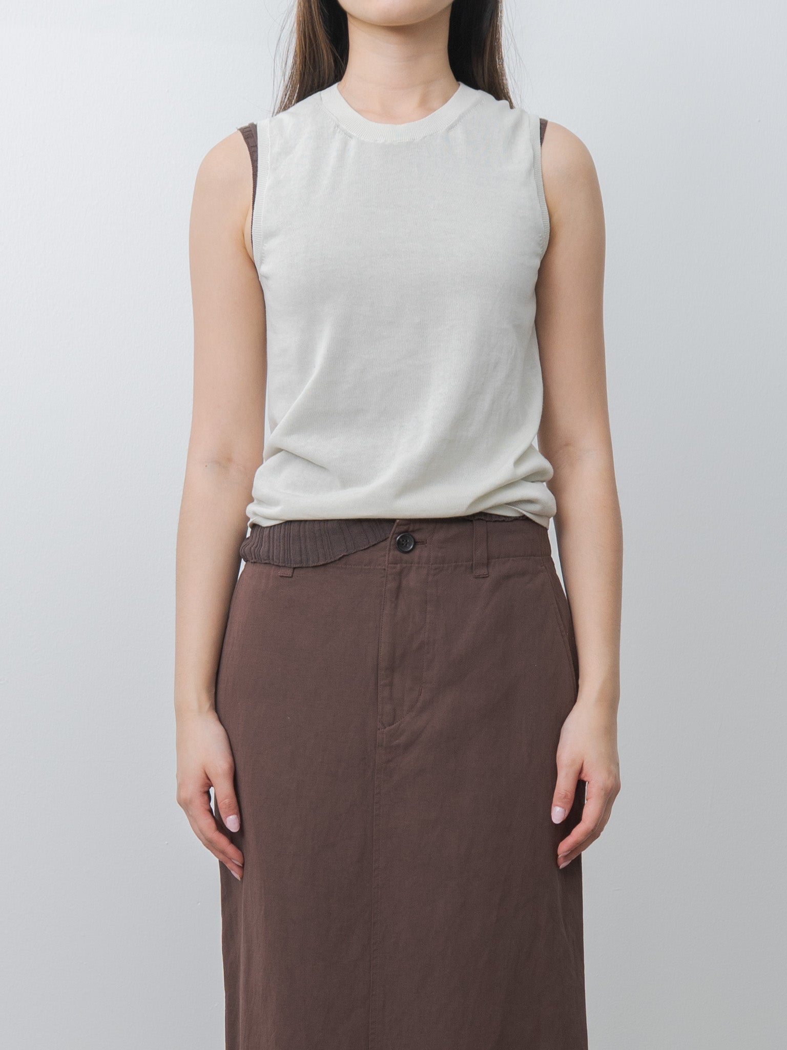 Namu Shop - Unfil High-Twisted Cotton Sheer Knit Layered Sleeveless Top - Charcoal Brown × Mist Green