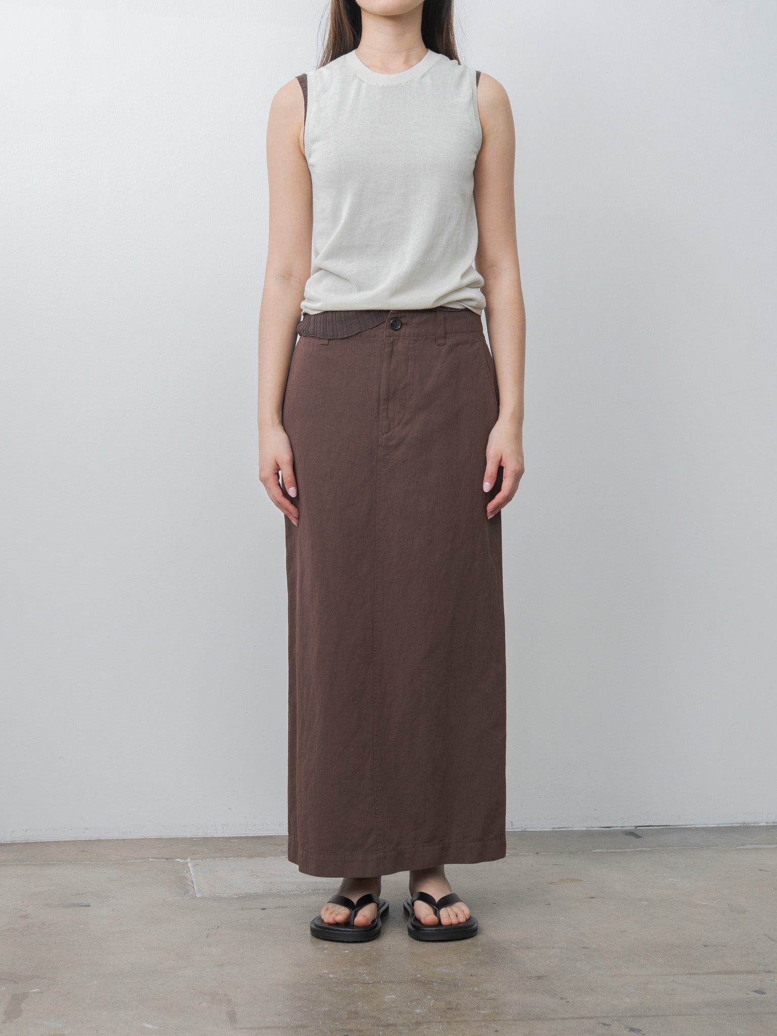 Namu Shop - Unfil High-Twisted Cotton Sheer Knit Layered Sleeveless Top - Charcoal Brown × Mist Green
