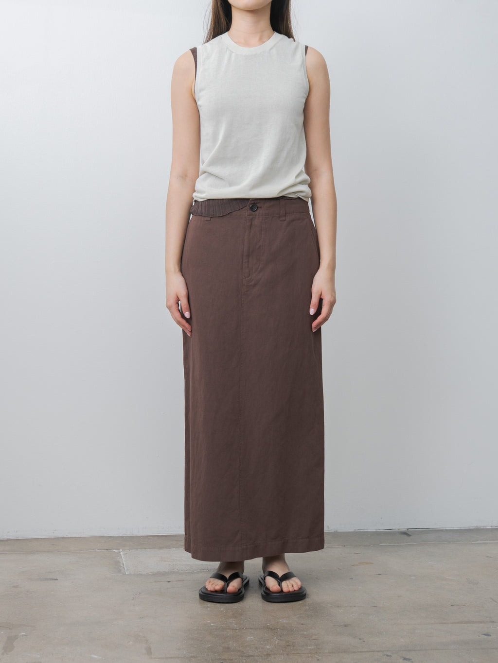 Namu Shop - Unfil High-Twisted Cotton Sheer Knit Layered Sleeveless Top - Charcoal Brown × Mist Green