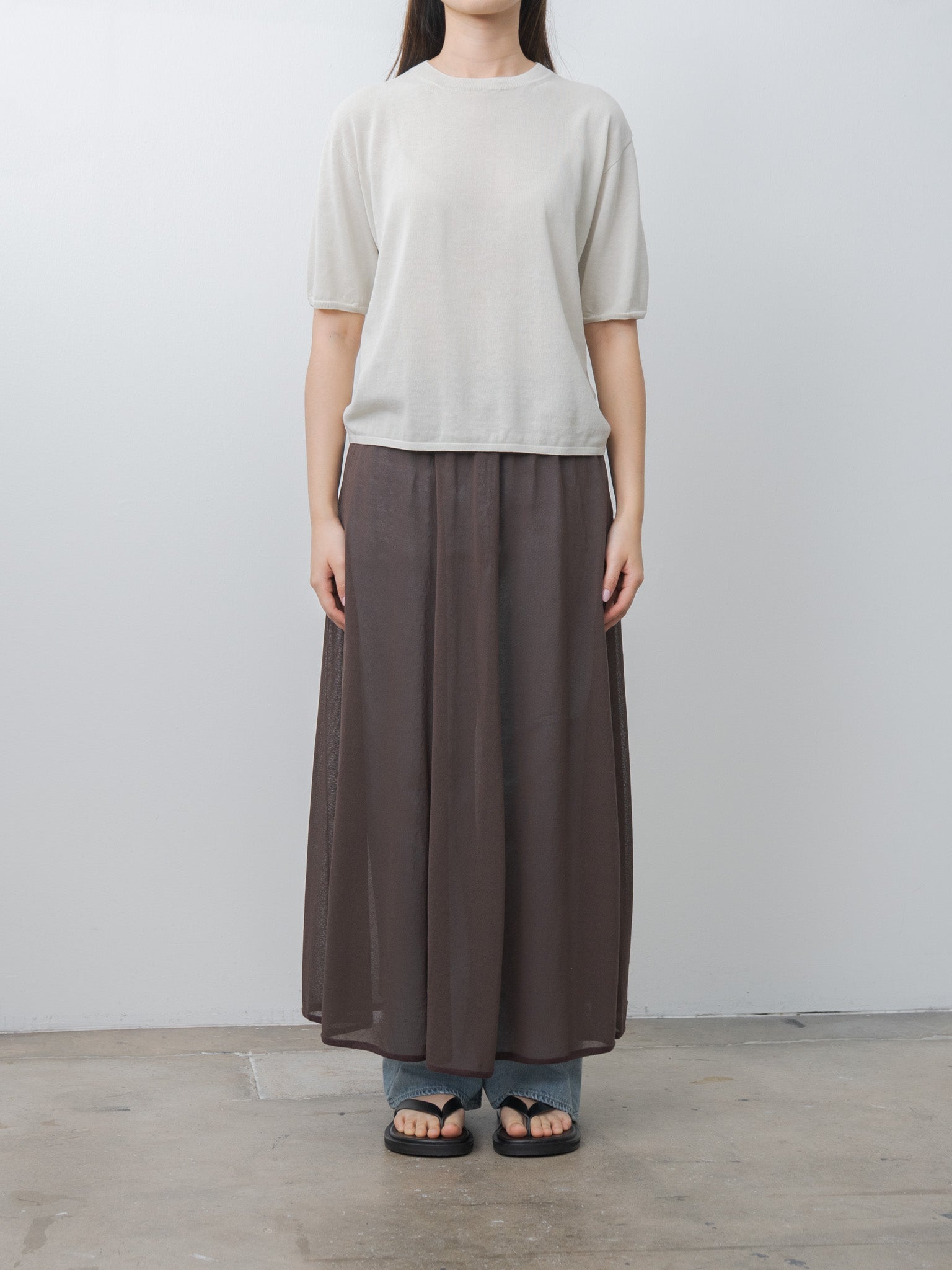 Namu Shop - Unfil High-Twisted Cotton Sheer Knit Layered P/O - Charcoal Brown × Mist Green