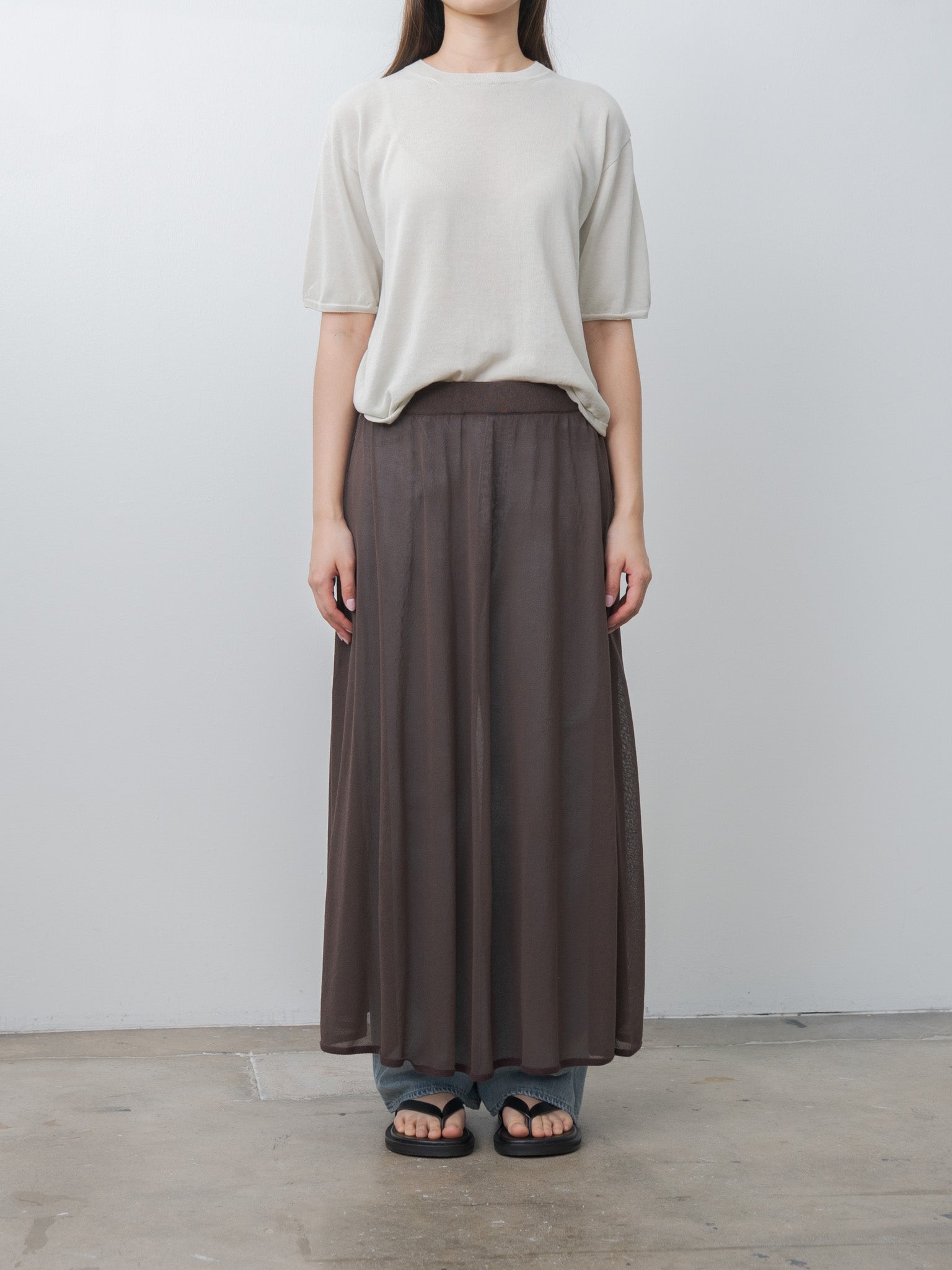 Namu Shop - Unfil High-Twisted Cotton Sheer Knit Layered Skirt - Charcoal Brown × Mist Green
