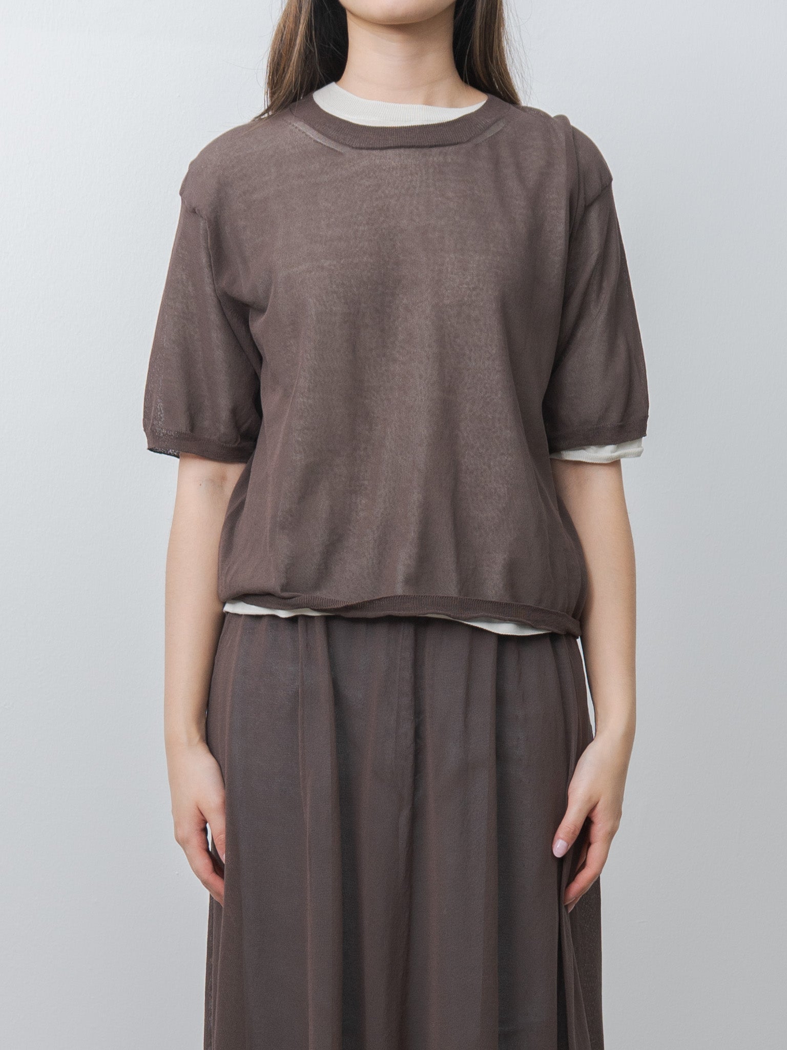 Namu Shop - Unfil High-Twisted Cotton Sheer Knit Layered P/O - Charcoal Brown × Mist Green