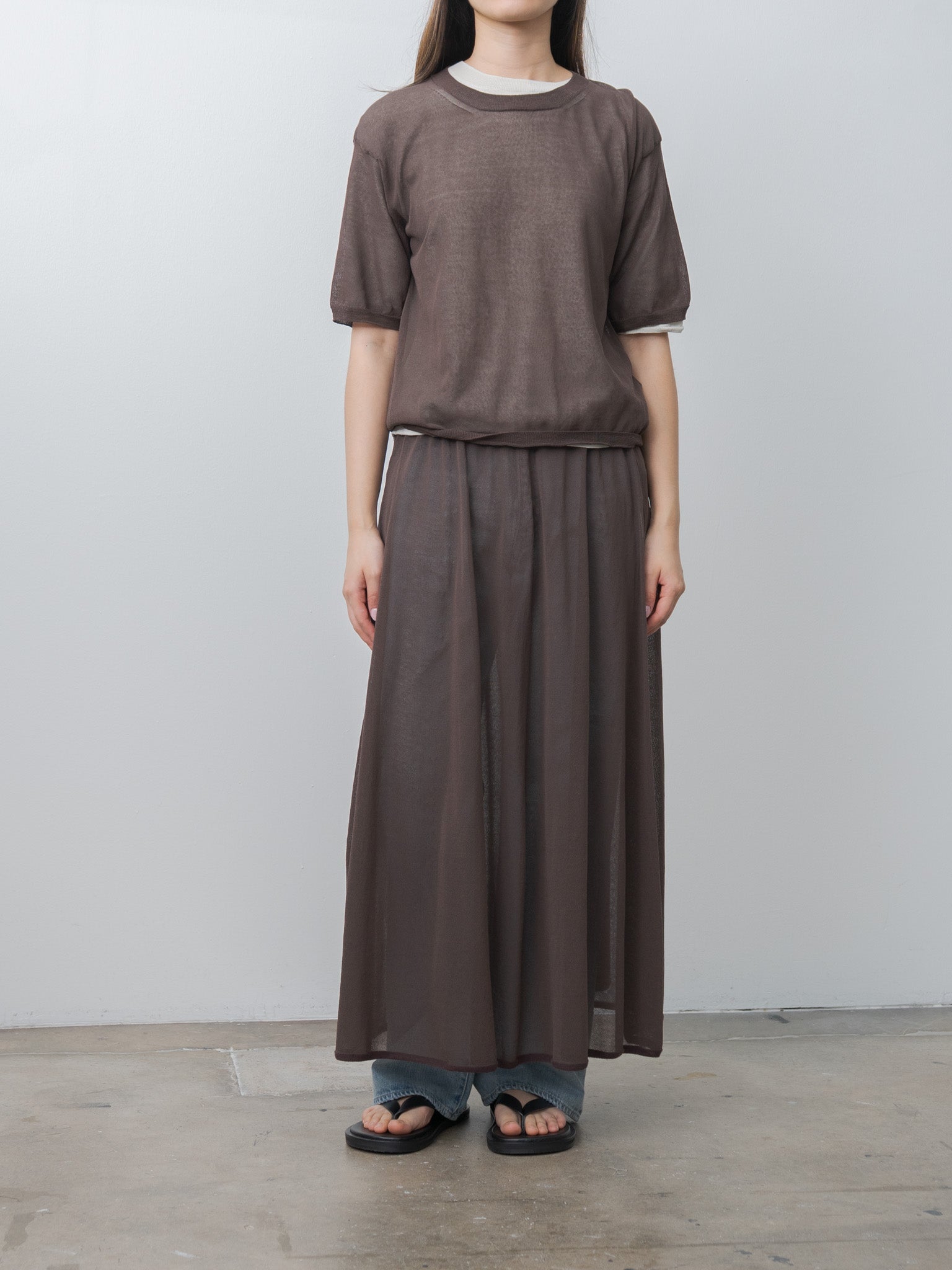 Namu Shop - Unfil High-Twisted Cotton Sheer Knit Layered Skirt - Charcoal Brown × Mist Green