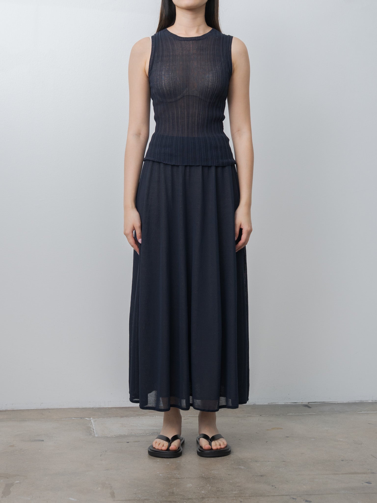 Namu Shop - Unfil High-Twisted Cotton Sheer Knit Layered Sleeveless Top - Navy × Steel Gray