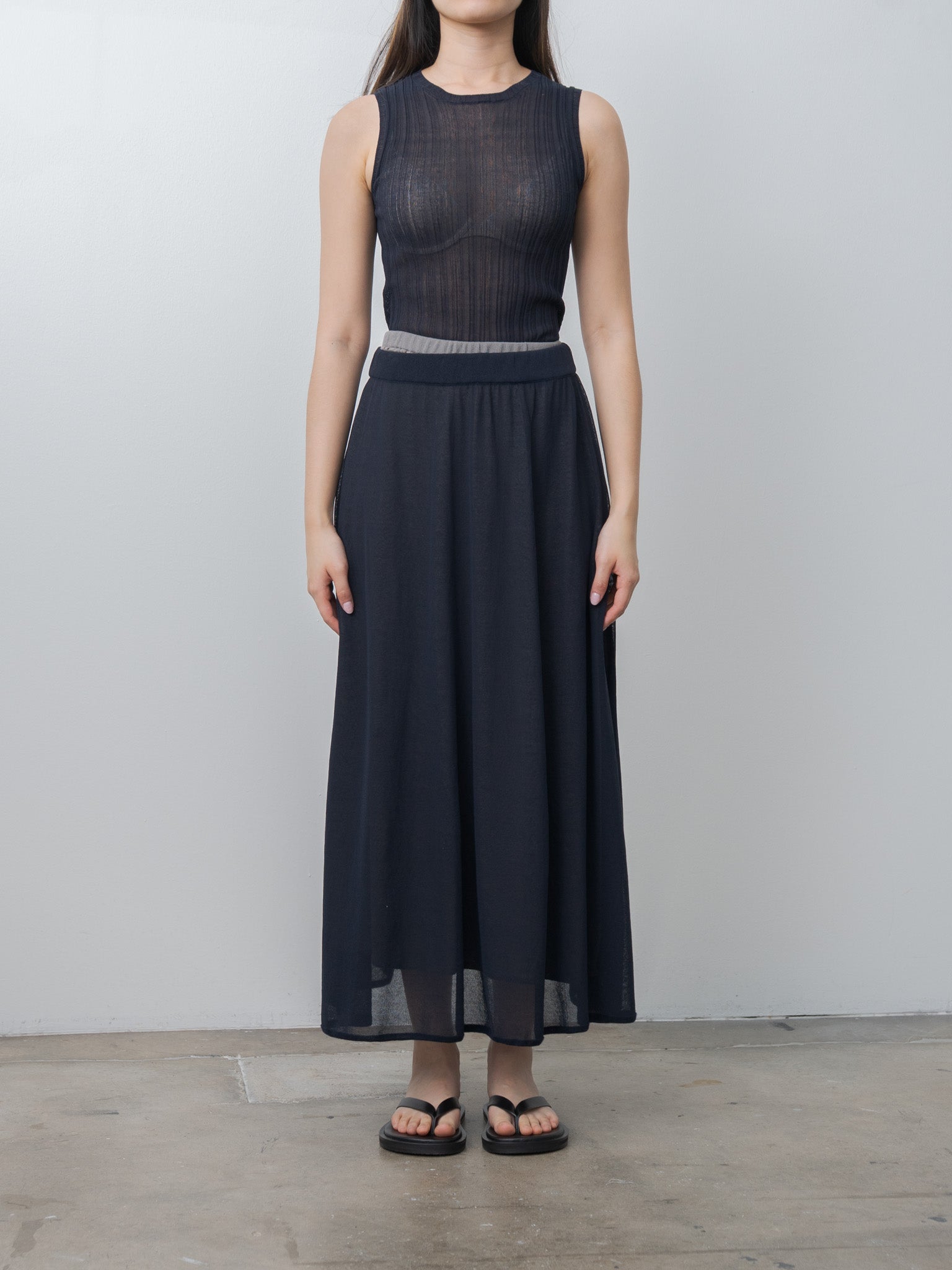 Namu Shop - Unfil High-Twisted Cotton Sheer Knit Layered Skirt - Navy × Steel Gray