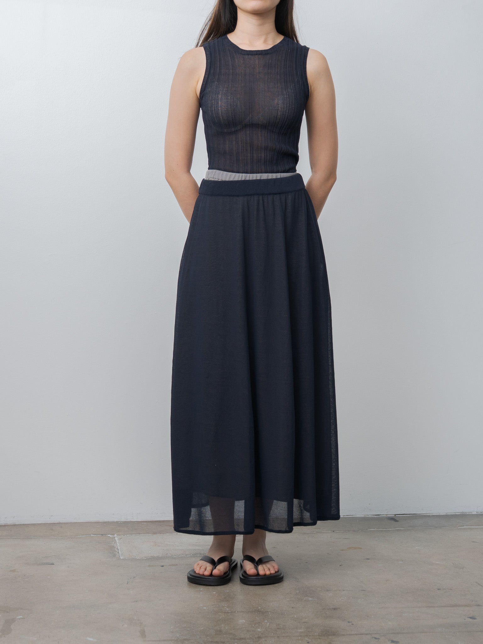 Namu Shop - Unfil High-Twisted Cotton Sheer Knit Layered Sleeveless Top - Navy × Steel Gray