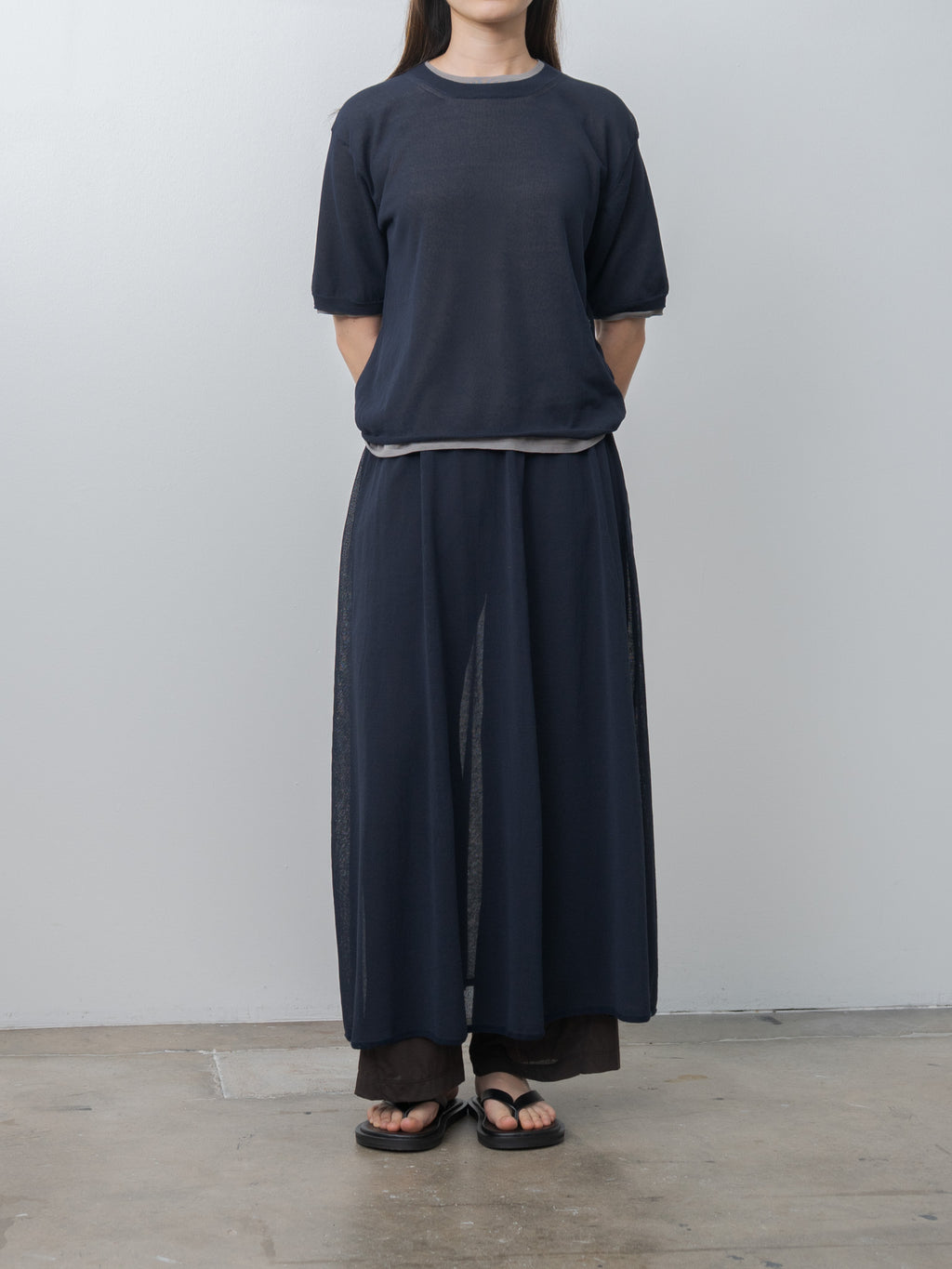Namu Shop - Unfil High-Twisted Cotton Sheer Knit Layered P/O - Navy × Steel Gray