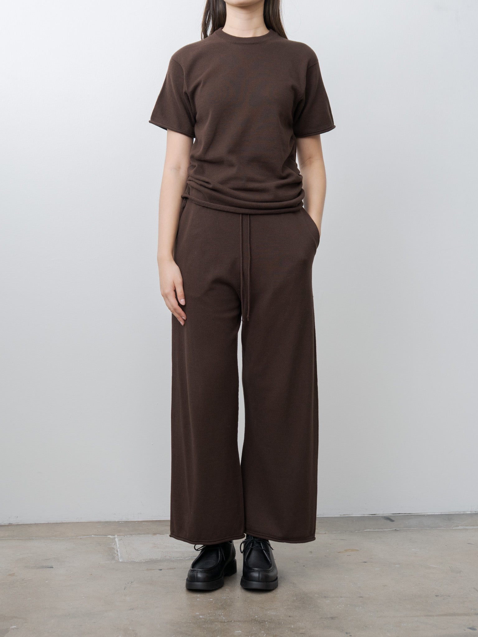 Namu Shop - Unfil Brushed Silk Cotton Short-Sleeve Gathered P/O - Dark Brown