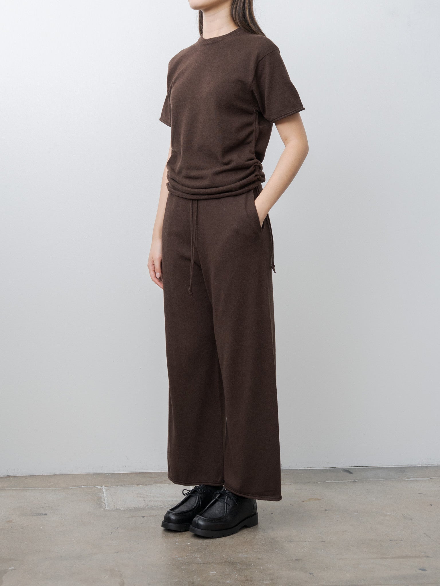 Namu Shop - Unfil Brushed Silk Cotton Short-Sleeve Gathered P/O - Dark Brown