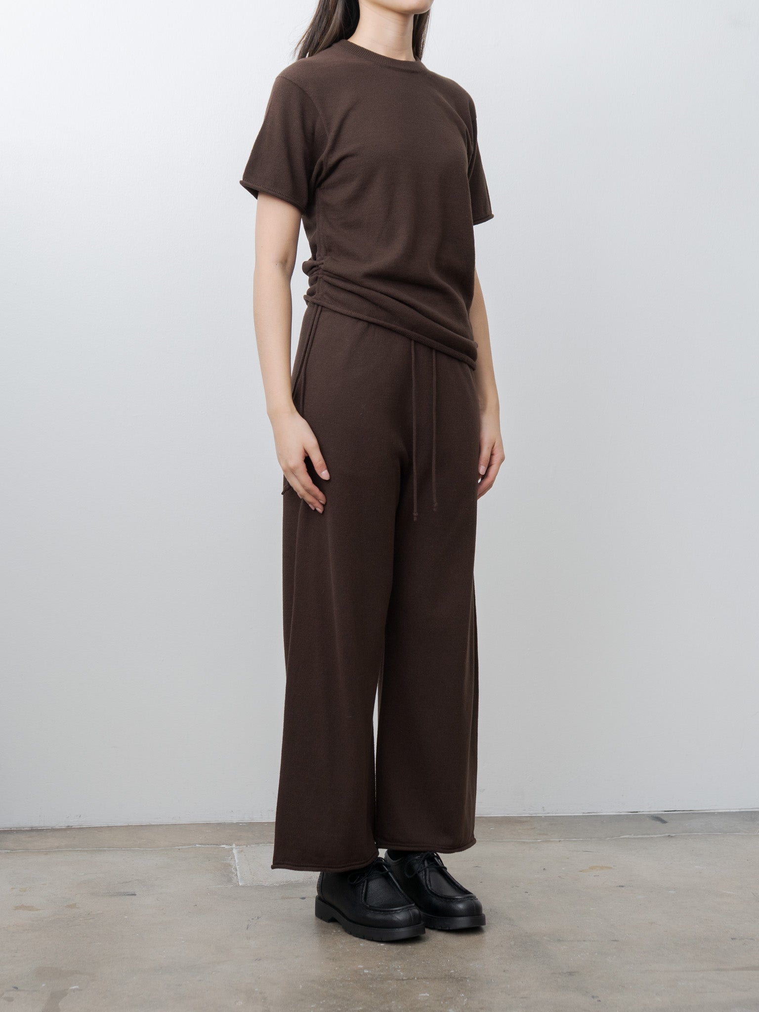 Namu Shop - Unfil Brushed Silk Cotton Short-Sleeve Gathered P/O - Dark Brown