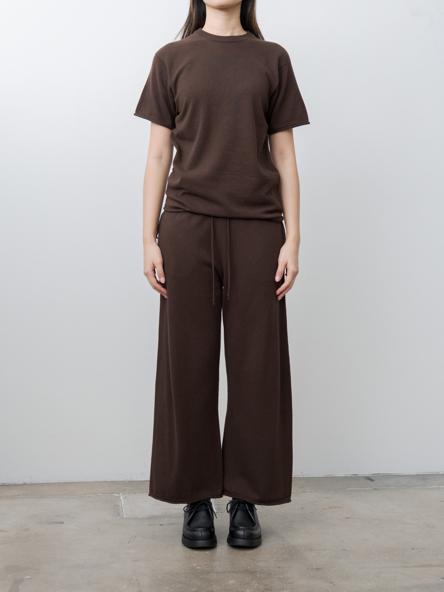 Namu Shop - Unfil Brushed Silk Cotton Short-Sleeve Gathered P/O - Dark Brown