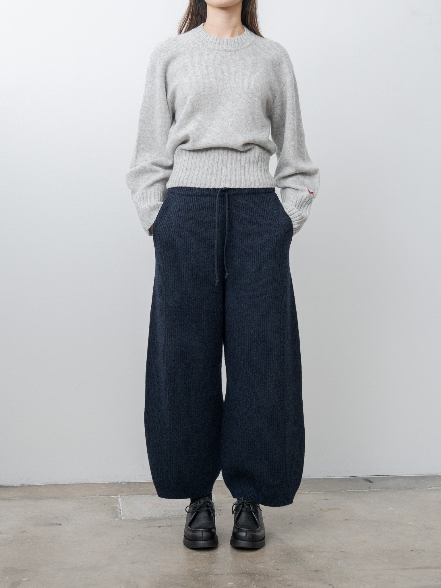 Namu Shop - Unfil Woolen Cotton & Fine Lambswool Ribbed Wide Pants - Black Navy