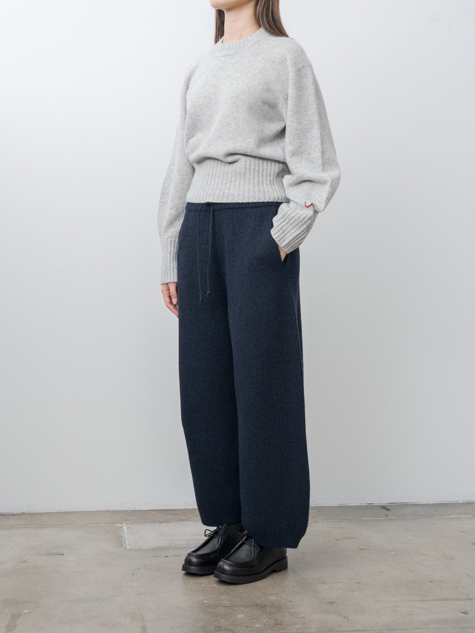Namu Shop - Unfil Woolen Cotton & Fine Lambswool Ribbed Wide Pants - Black Navy