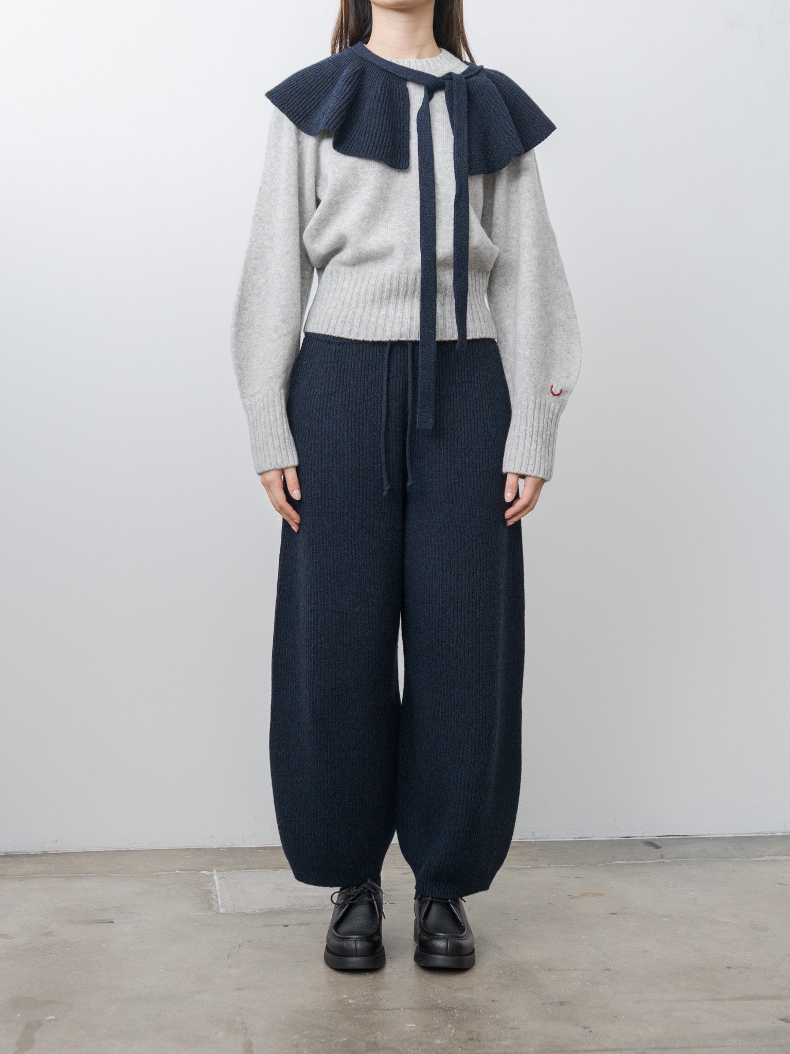 Namu Shop - Unfil Woolen Cotton & Fine Lambswool Ribbed Knit Frill Collar - Black Navy