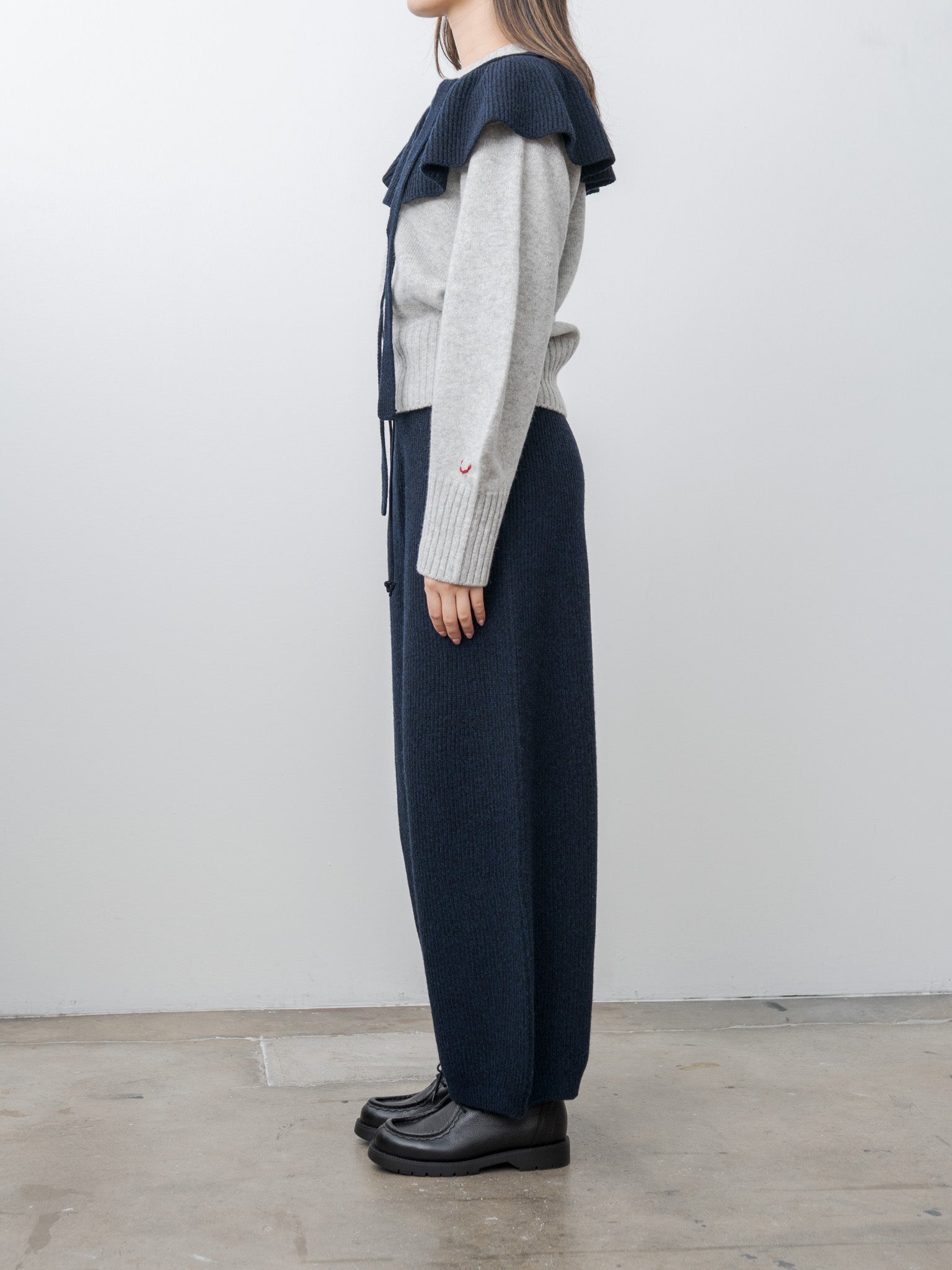 Namu Shop - Unfil Woolen Cotton & Fine Lambswool Ribbed Wide Pants - Black Navy