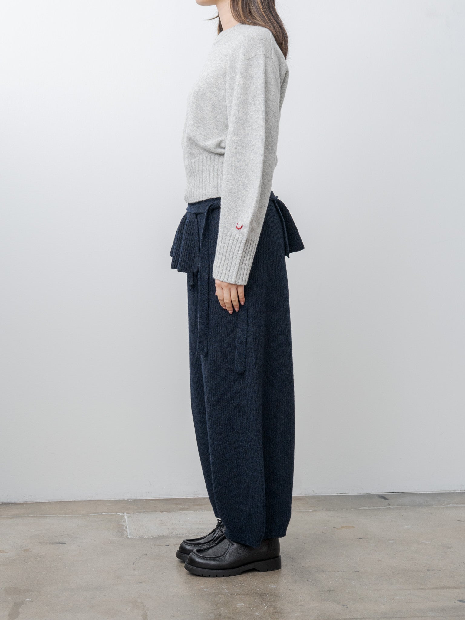 Namu Shop - Unfil Woolen Cotton & Fine Lambswool Ribbed Wide Pants - Black Navy